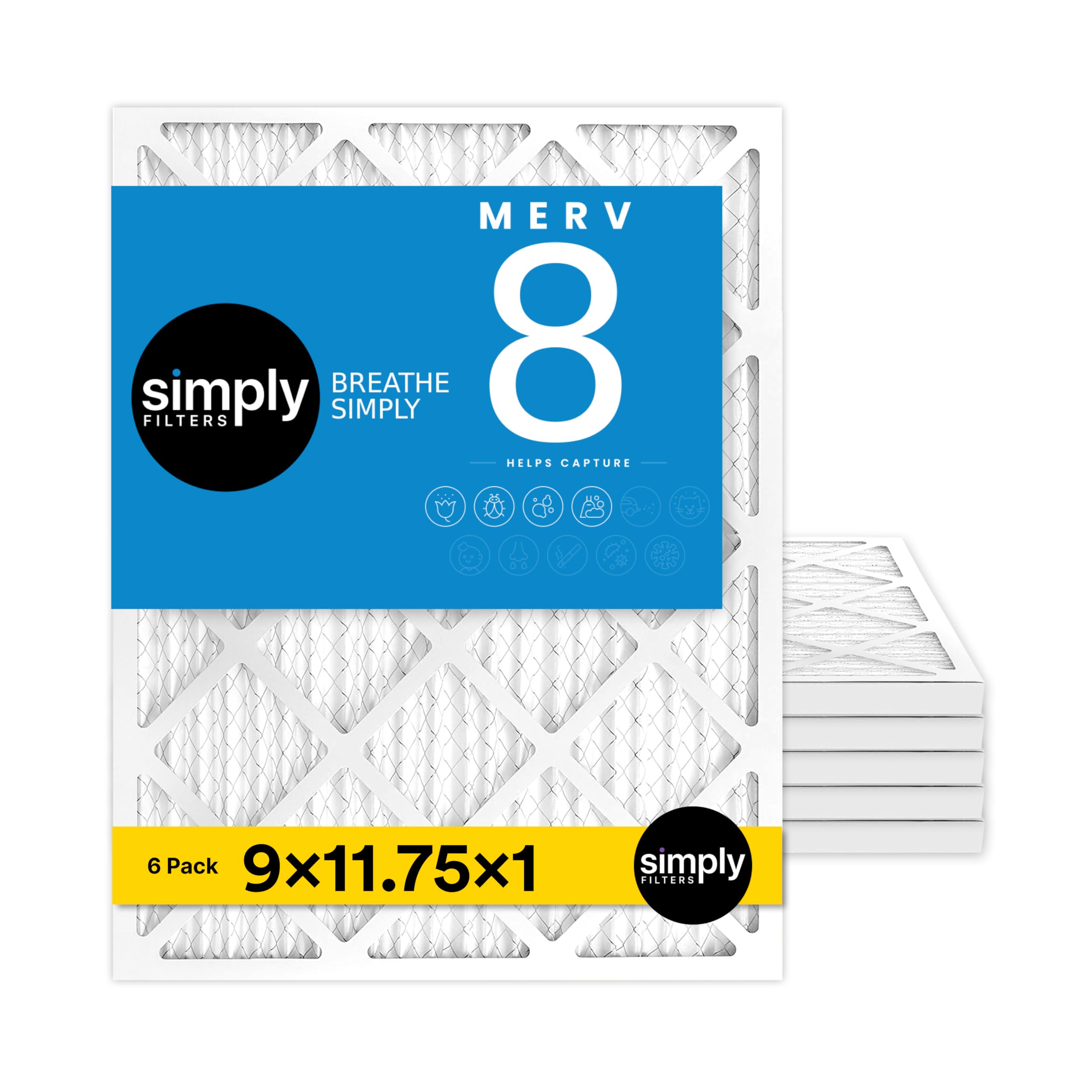 Simply 9x11.75x1 Air Filter, Merv 8, 6 Pack, For Home AC Furnace & HVAC (Actual Size: 9"x11.75"x0.75") DUST, Pet, & Allergy Control