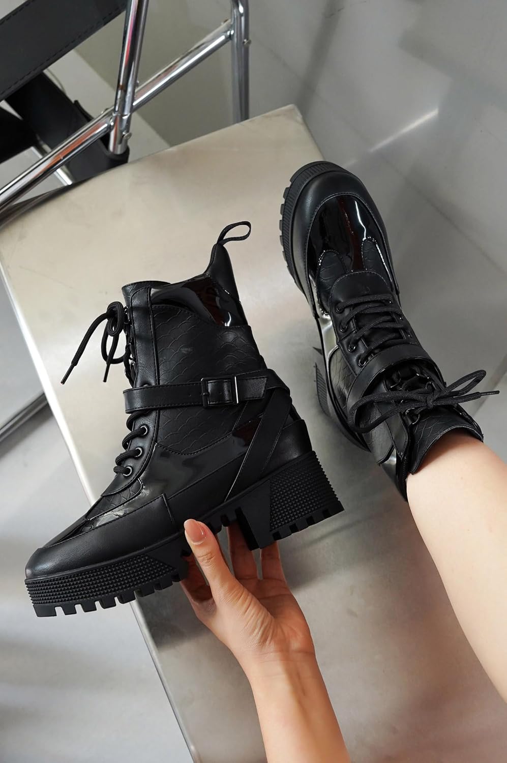 Women's Chunky Heel Combat Boots Platform Lace Up, High Top Ankle Boots Fall Winter Streetwear, Non-Slip Block Heel (Hot Rod) - Image 2