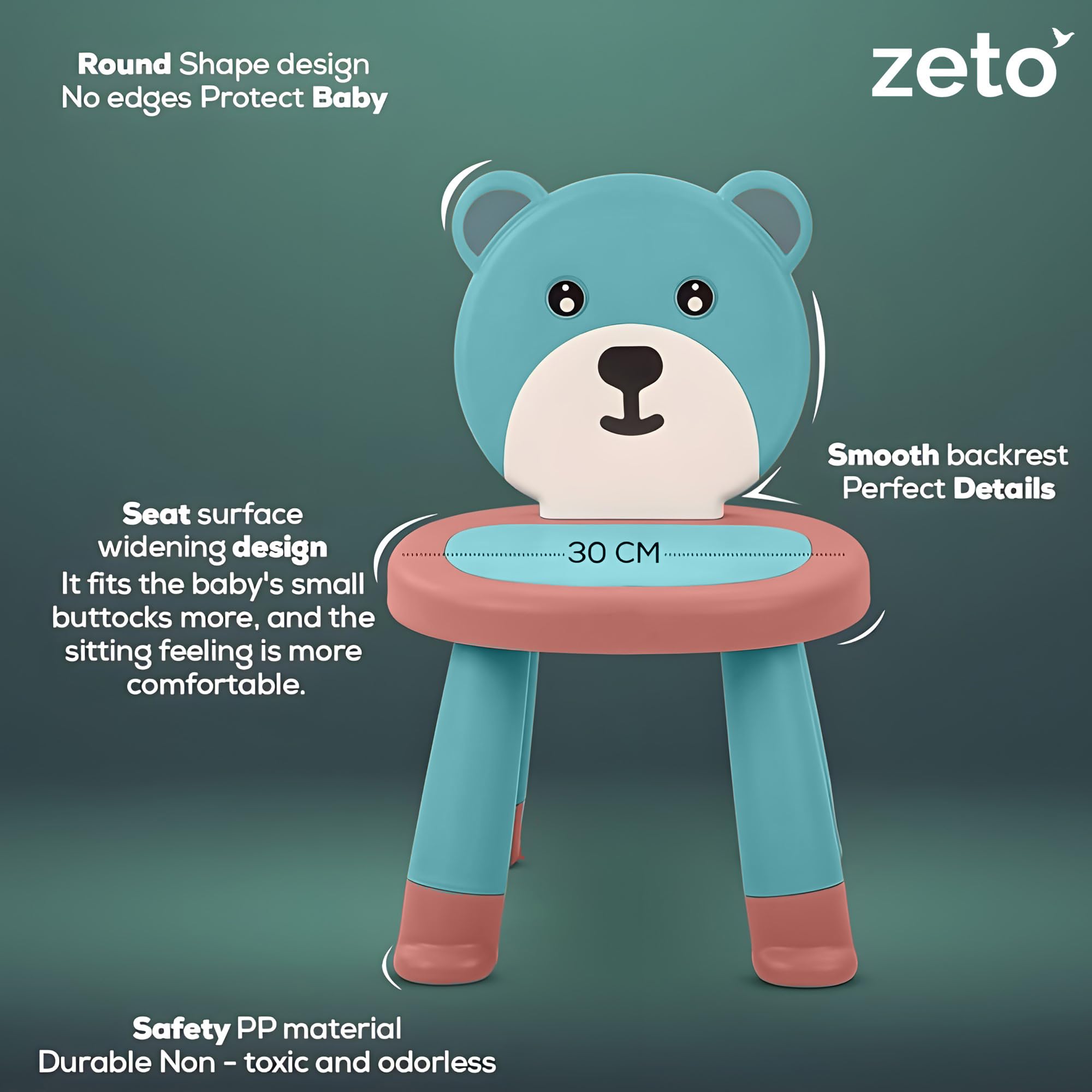 Zeto Baby Chair for 2 to 5 Years (TeddyTheme) – High Plush Back Rest, Sturdy, Anti-Slip, Easy to Clean Chair for Kids – (Orange, Blue) 3