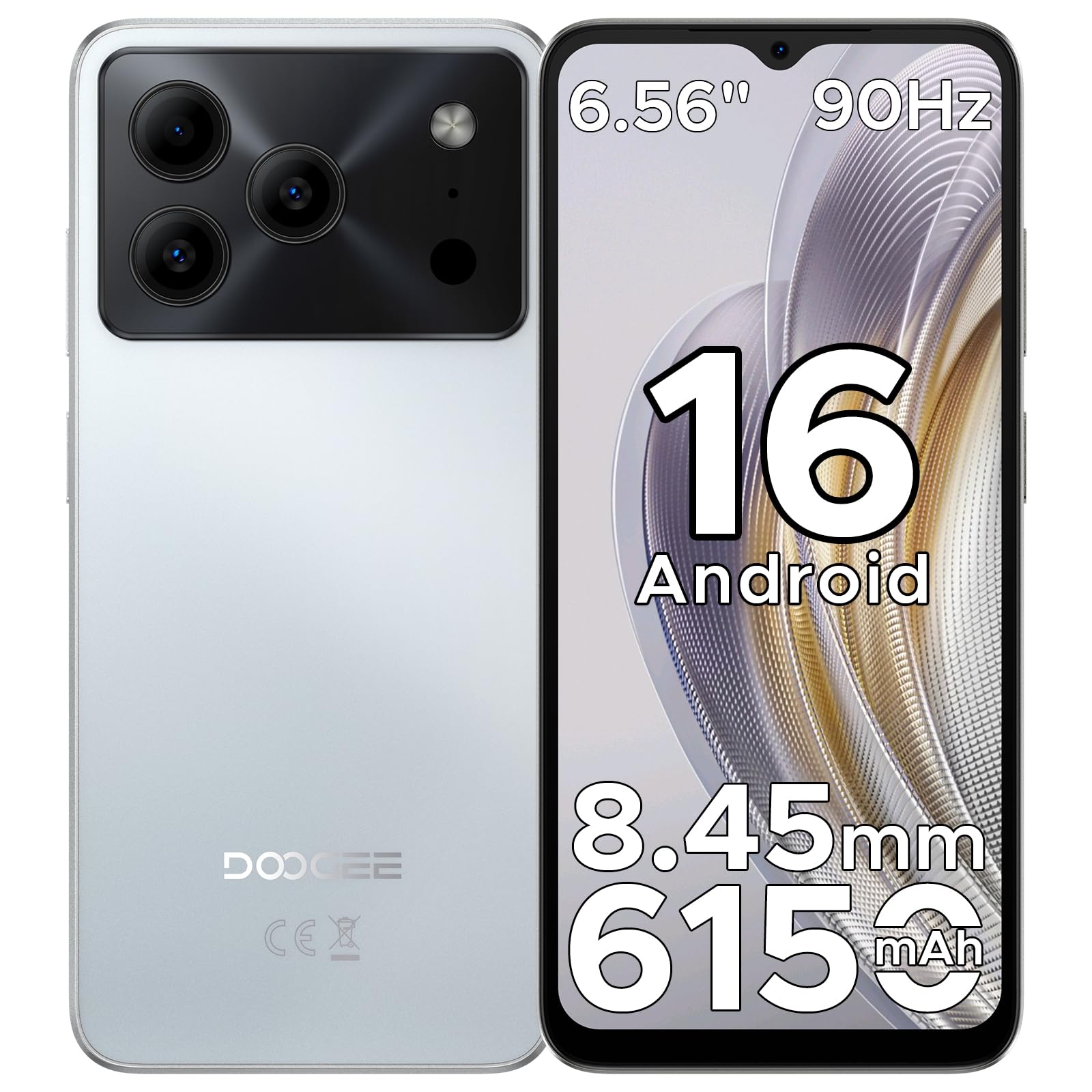 DOOGEE Note 56 Smartphone Android 16, 6150 mAh, 8.45 mm Ultrasottile, 6.56" HD + 90 Hz IPS, 24 GB + 64 GB/2 TB TF, 4G Smartphone 2025,Telefoni Android, Dual SIM/Octa Core/OTG/Face ID/GPS, Bianco