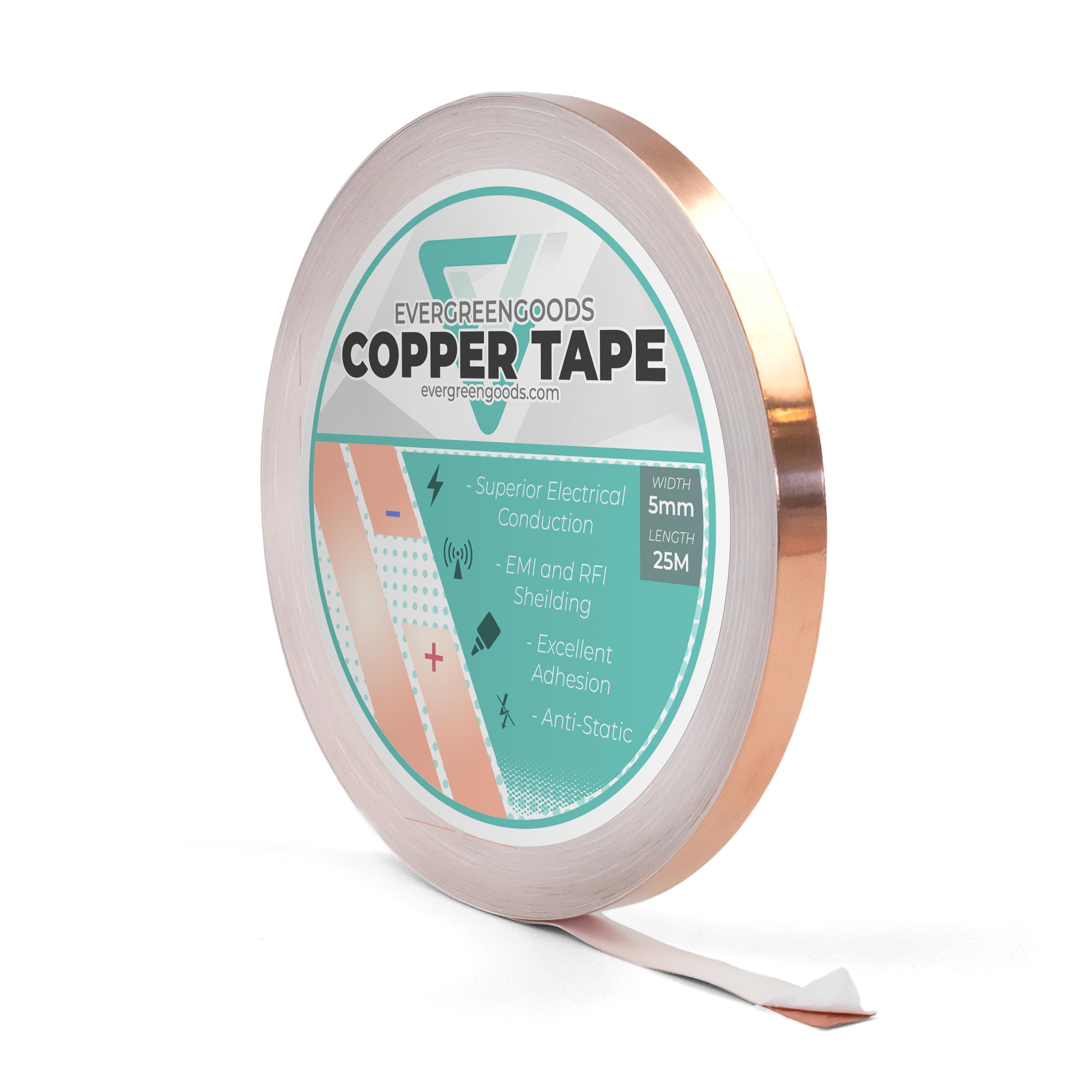 Evg Copper Tape (5Mm X 25M) 5 Sizes - Foil Conductive Tape For Circuits, Guitar Emi Shielding, Solder, Electrical Repairs, Grounding | Stained Glass Metal Crafts Jewellery - 1 Roll