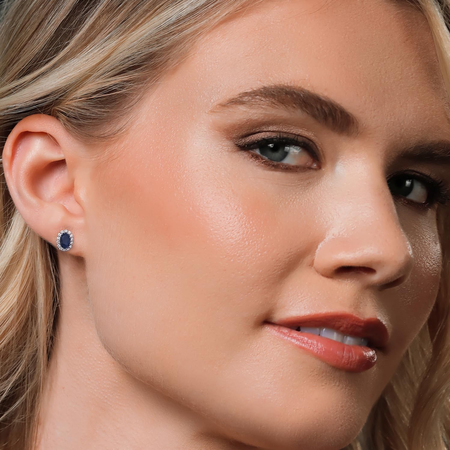 Gem Stone King 10K Solid Gold Post and Sterling Silver 6X4MM Oval Gemstone Birthstone and White Lab Grown Diamond Halo Earrings For Women - Image 4