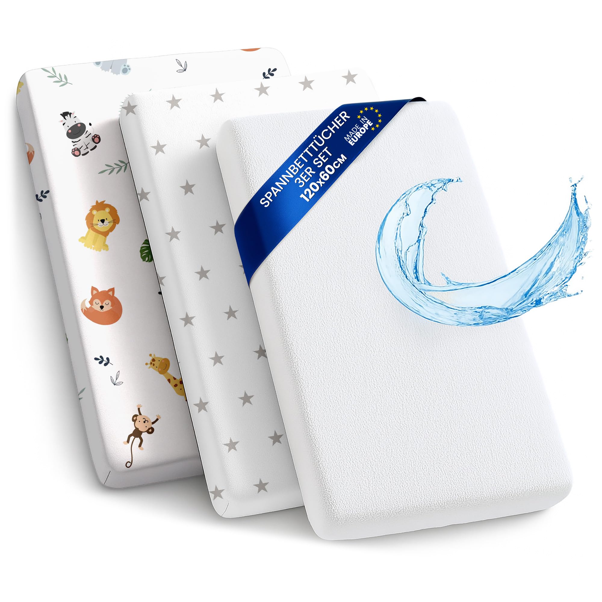 Lenzuola con angoli per passeggino Set di 3: 60x120 cm - 2 lenzuola + 1 coprimaterasso impermeabile - Accessori per lettino per culla co-sleeping carrozzina 60 x 120