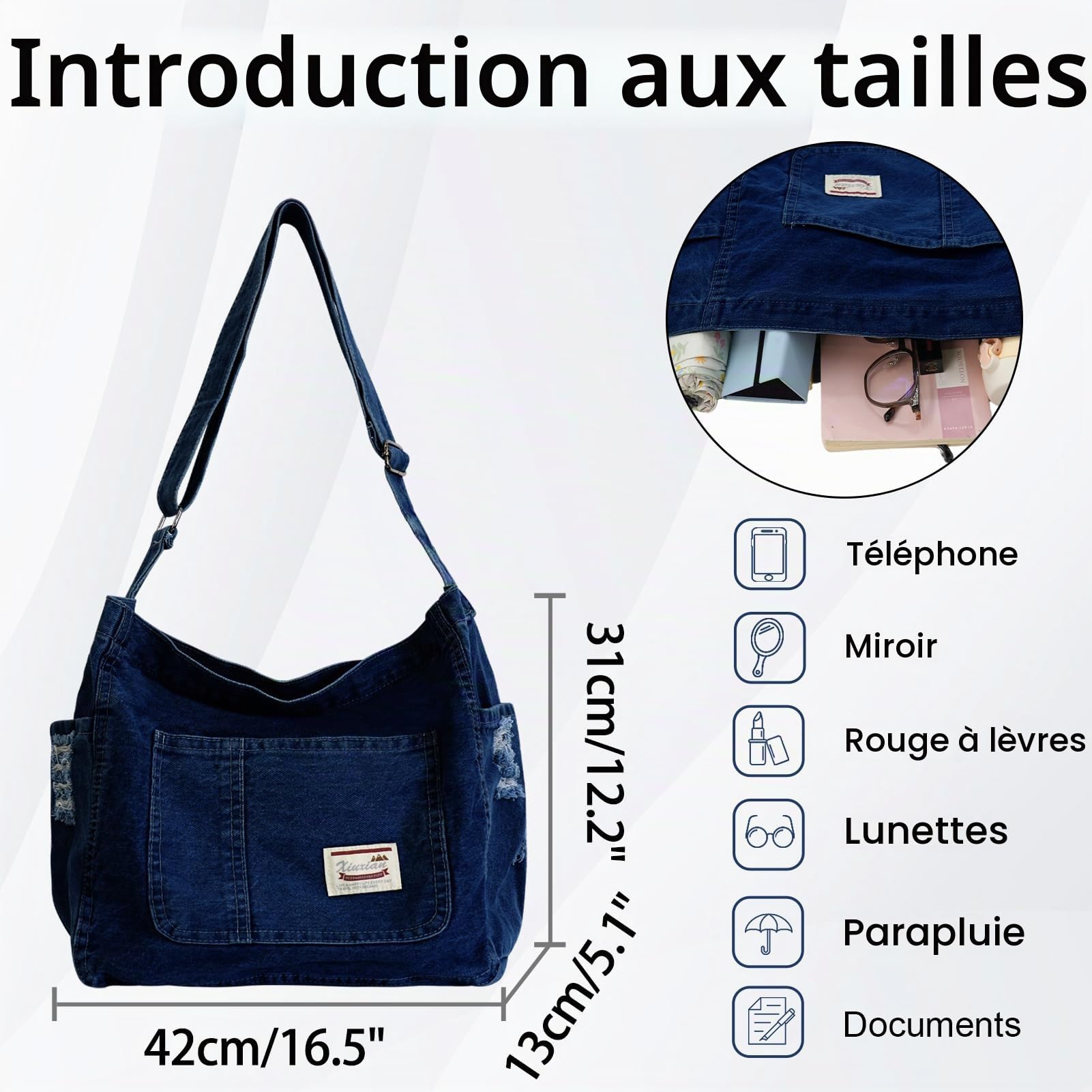 Sac en Jean Femme Cabas Bandoulière Fourre-tout Tote Bag | En Denim, Grand Capacité, Léger, avec Bandoulière Ajustable et Poche Intérieure , pour Shopping Voyage