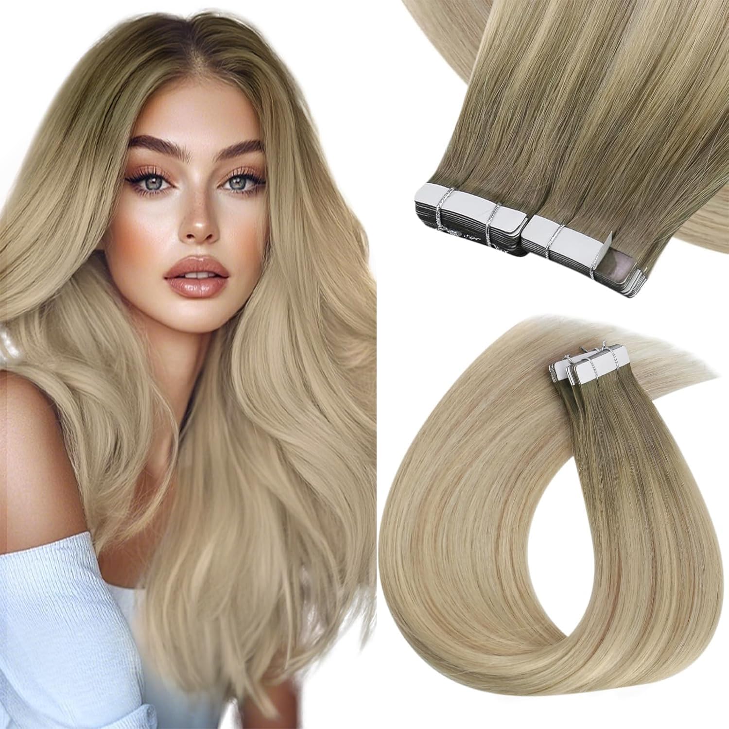 Sunny Hair Tape in Hair Extensions Real Human Hair Invisible Remy Hair Extensions Tape ins for Women Ash Blonde Root to Platinum Blonde Balayage 24 inch 20Pcs 50G
