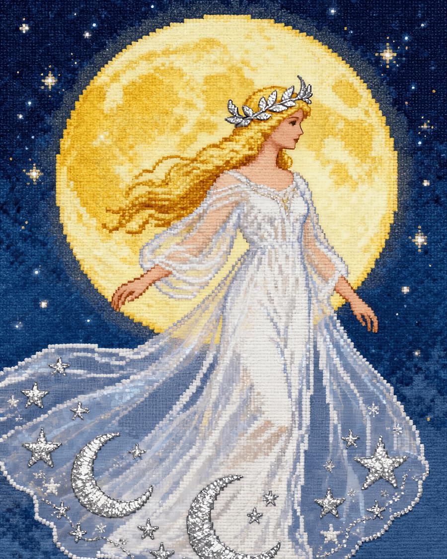 WallustrioaW Cross Stitch Kits for Adults,Moon Fairy,11CT Counted Printed Cross Stitch,DIY Embroidery Kit for Home Wall Decor,16x20in