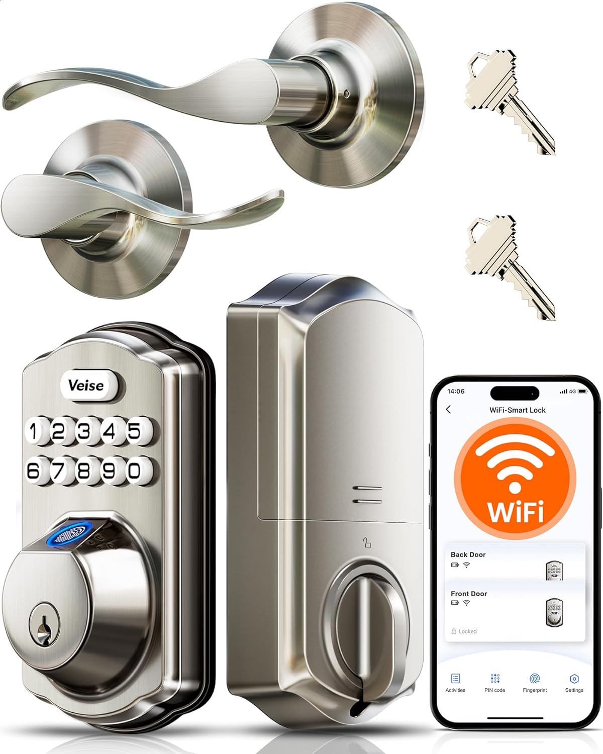 Veise VE012W-B Wi-Fi Fingerprint Smart Lock with Handle Set, Remote App Control, Keyless Entry Front Door Lever, Built-in WiFi No Hub Needed, Backlit Keypad Deadbolt, Auto-Locking, Satin Nickel