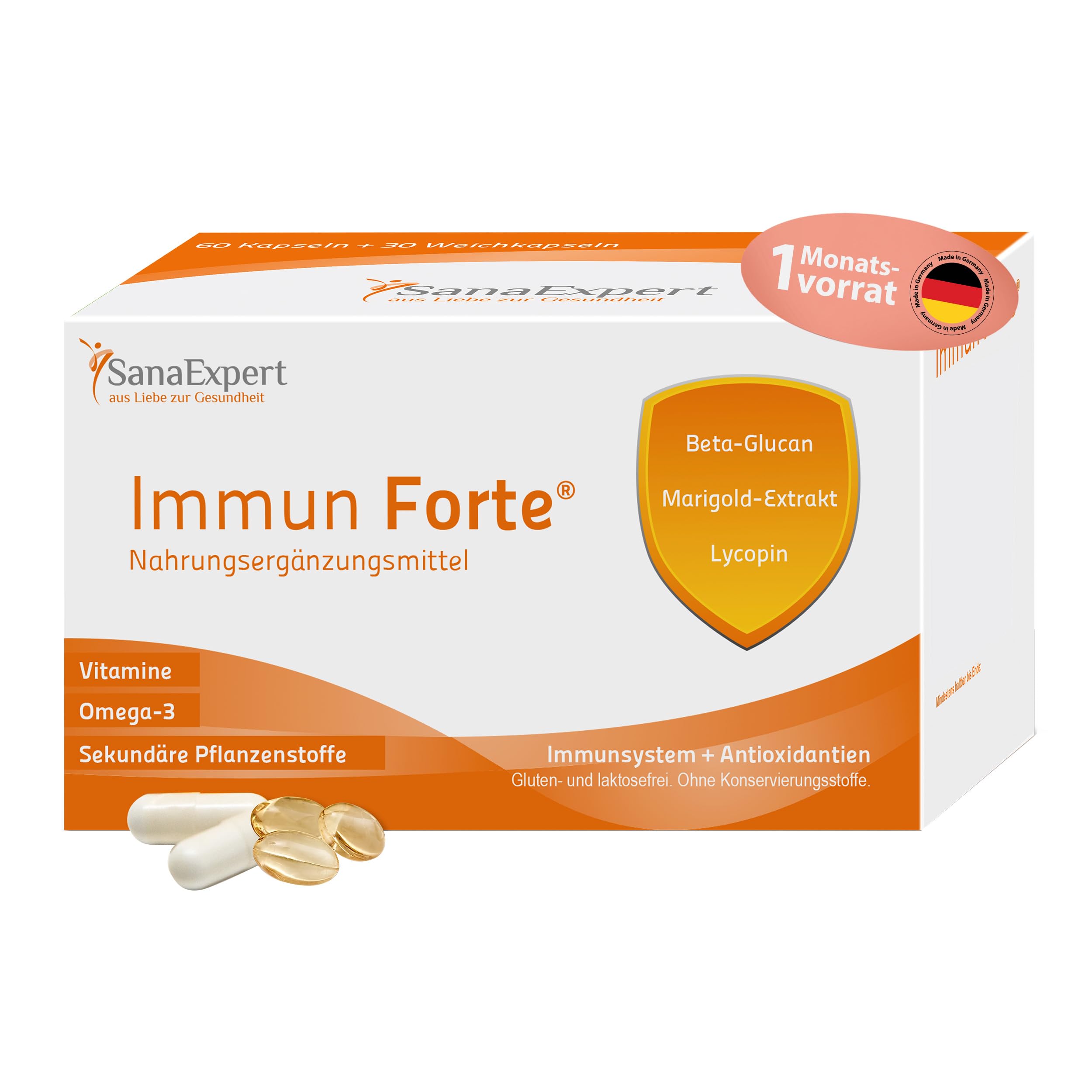 SanaExpert® Immun Forte – Vitamin-Komplex und Mineralien zur Unterstützung des Immunsystems, Omega-3-Fettsäuren, Beta-Glucan, Ringelblumen-Extrakt, Lycopin und Lutein, 90 Kapseln (69 g)