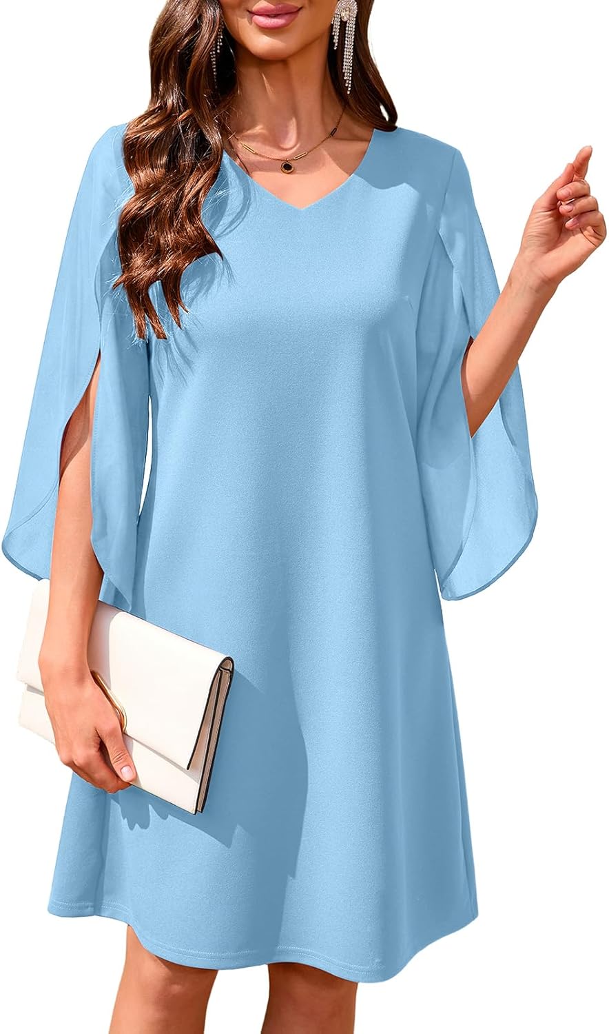 oten Women's V Neck Flutter Chiffon Sleeve Cocktail Semi-Formal Wedding Guest Party Dresses