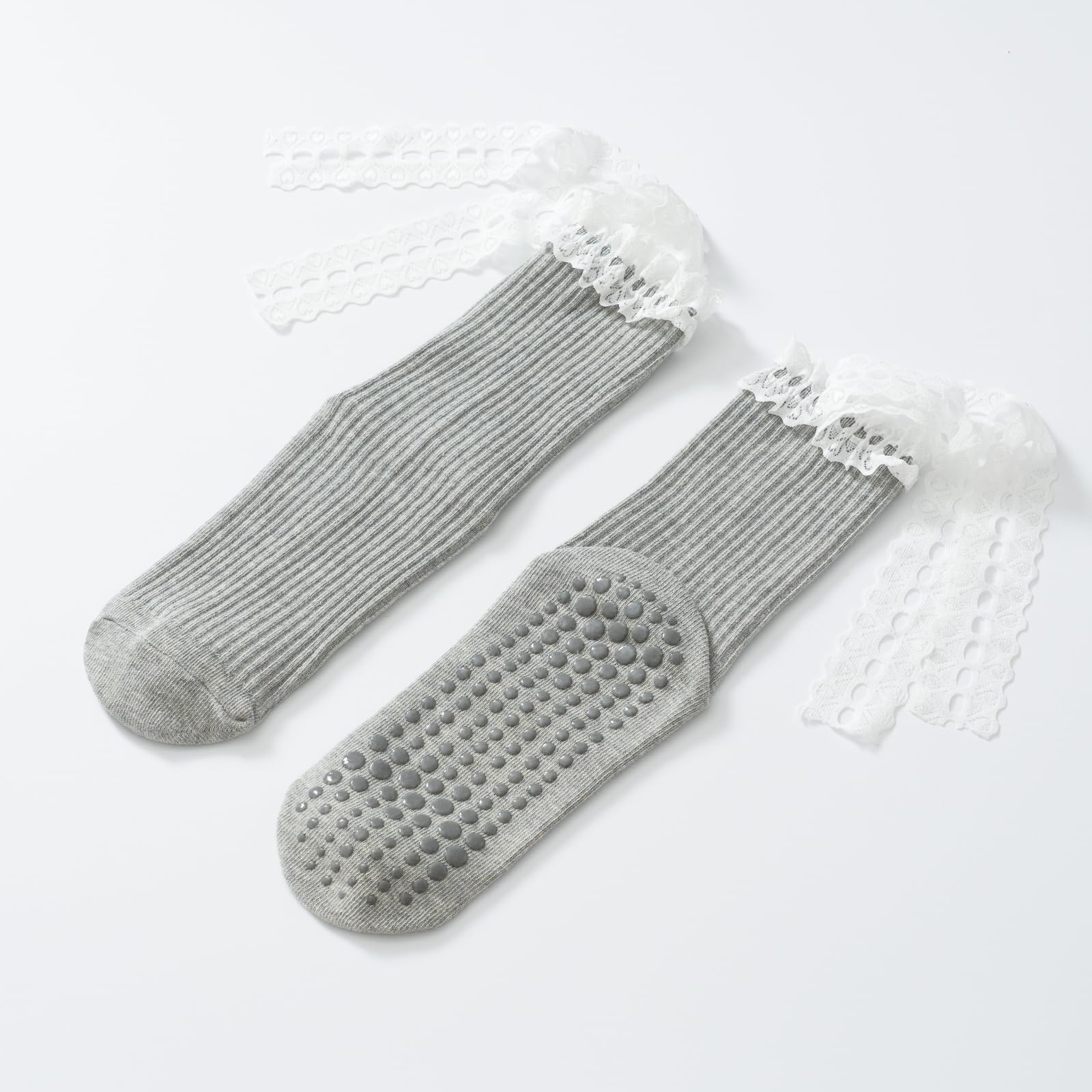 Verdancy Women’s Yoga Pilates Socks with Frills and Lace up Non Slip Cushioned Grips Crew Socks: One Size Light Gray