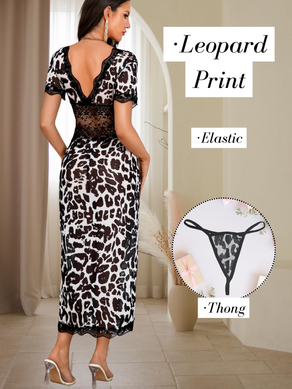 Leopard Print Lace Nightgowns, Deep V Neck High Slit, Boudoir Lingerie, Sheer Mesh Negligees For Women Cheetach - Image 3