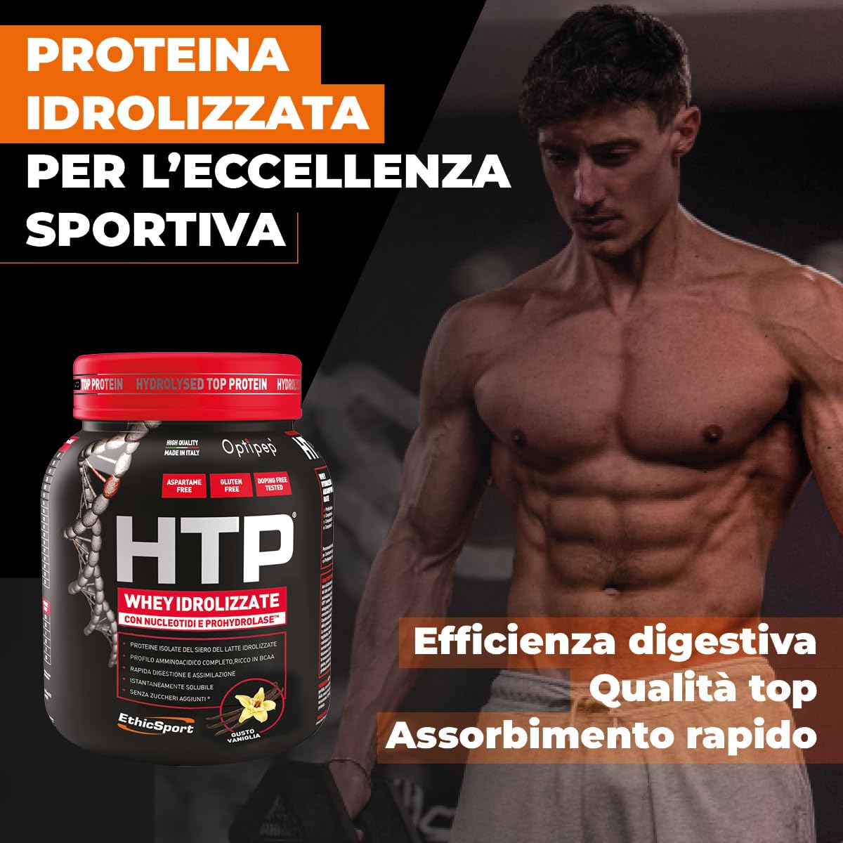 EthicSport HTP – Proteine isolate e idrolizzate Optipep con ProHydrolase e nucleotidi – Supporto alla massa muscolare – 750 g - doping free tested* - Gusto Vaniglia