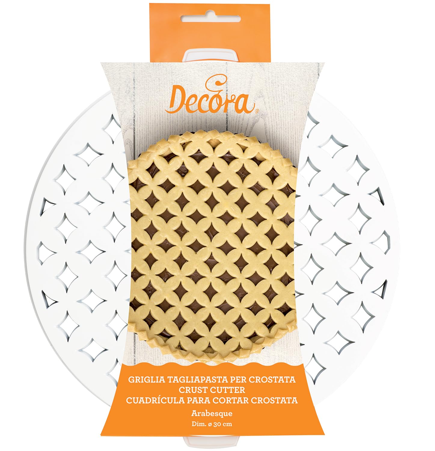 Decora, 0215800 Arabesque Crostata-Kuchengitter aus Kunststoff, Ideal zum schnellen Dekorieren der Arabesque-Crostata, Ø 30 cm, Hergestellt in Italien. Patentiertes Design, Weiß