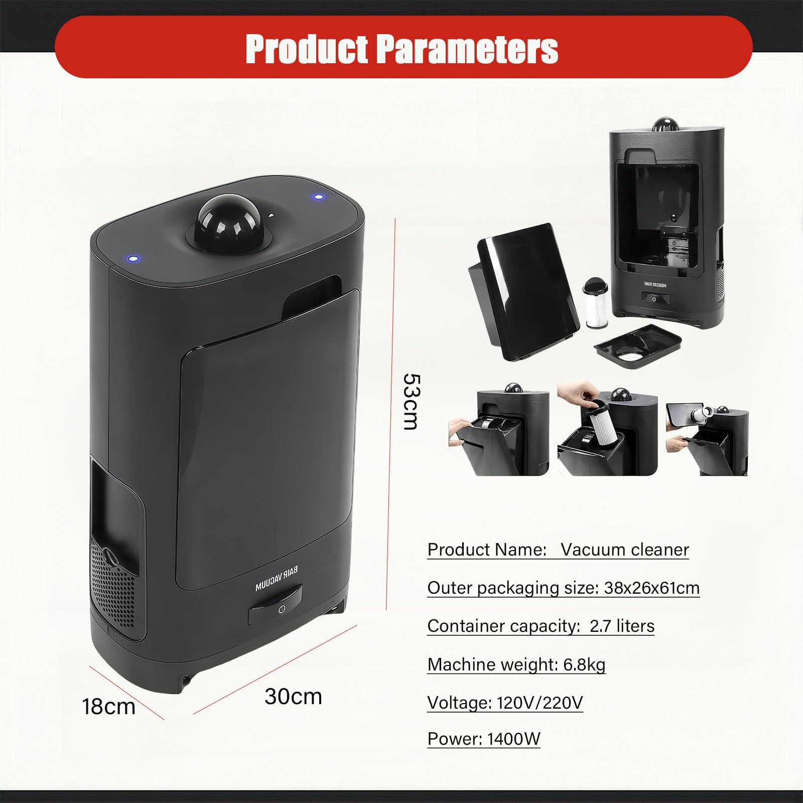 Aspiradora para Pelo De Mascotas, Aspiradora para Peluquería, Aspiradora Sin Contacto De 1400 W con Depósito De 2,7 L, Luz Led Y Filtro