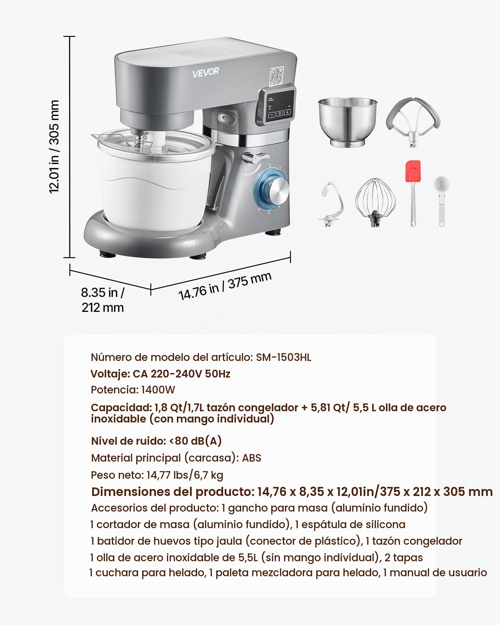 VEVOR Batidora de Pie de Helados 1,7 L, 6 Velocidades, Pantalla Digital LED, Temporizador, Paleta para Mezclar, Gancho para Masa y Protector contra Salpicaduras, Gris, 1400 W, 375 x 212 x 305 mm