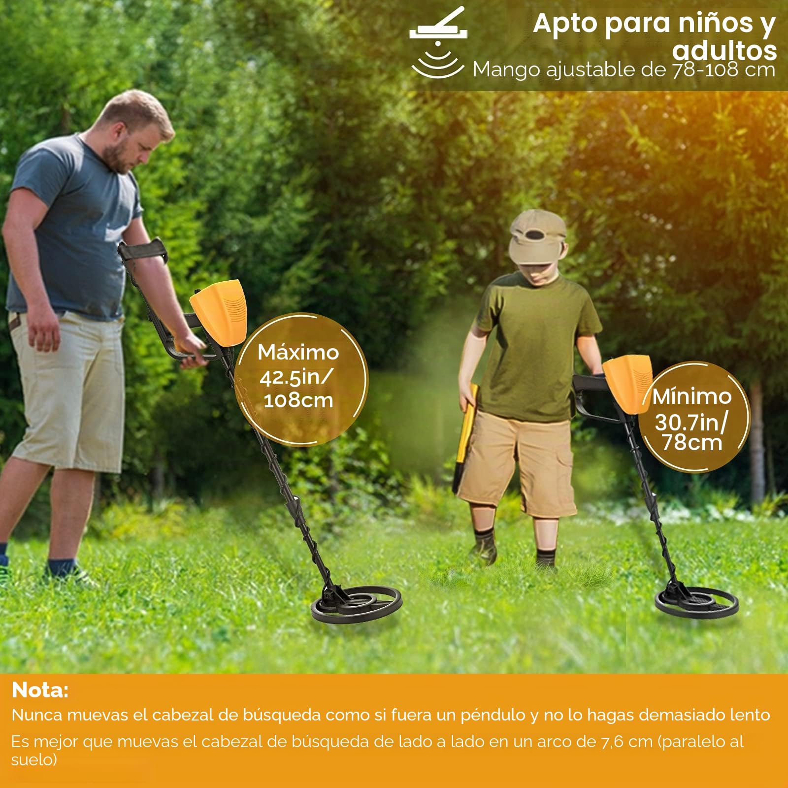 Detectores de Metales Alta Precisión Altura Ajustable de 78-108 cm, Detectores de Metales Profesionales a Prueba de Agua de 25 cm con Niños y Adultos
