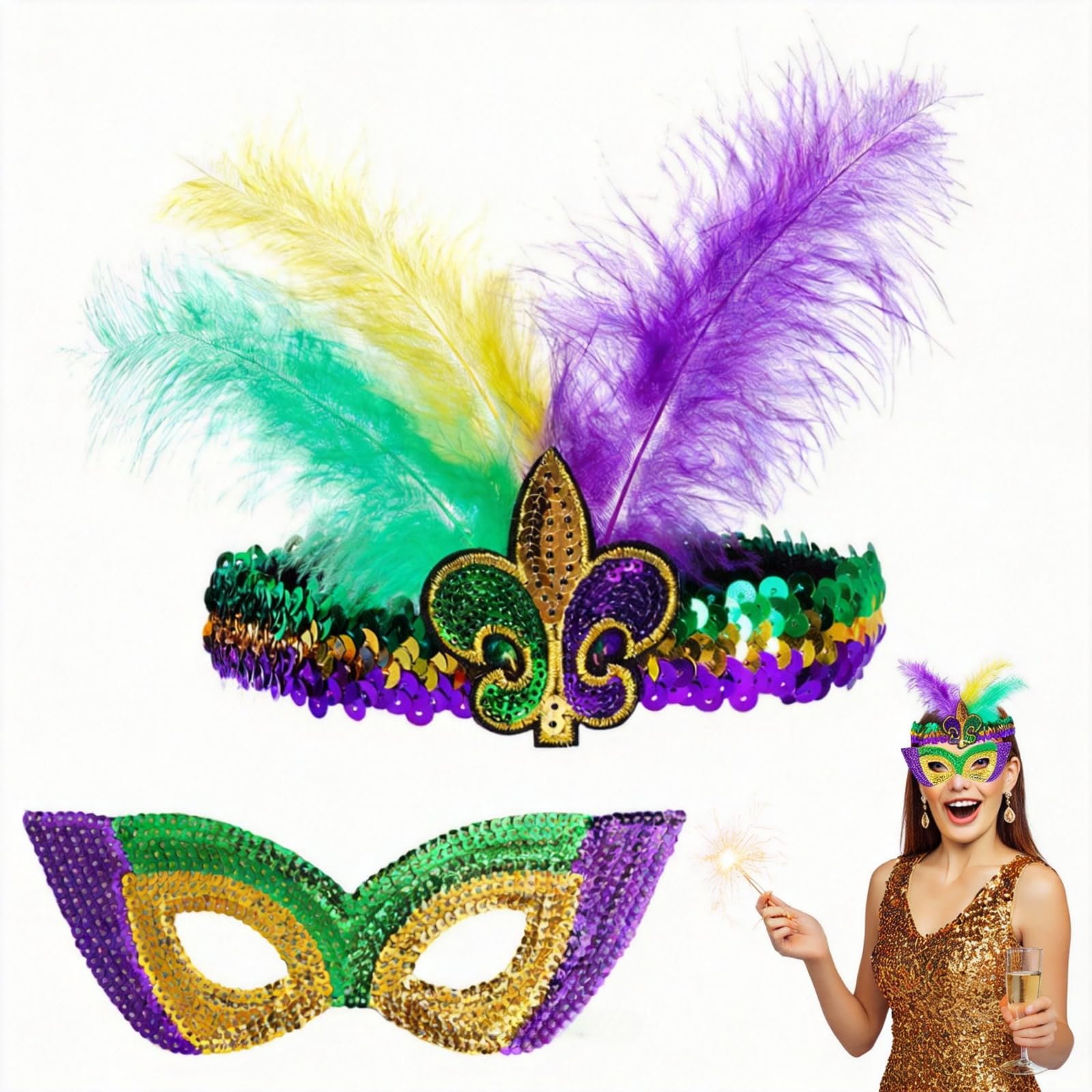 WANGHONGGOGO 2pcs New Orleans Feather Headpiece Mask, Carnival Mask, Masquerade Prop, Halloween Feather Mask, Holiday Party Costume Accessory, Unisex