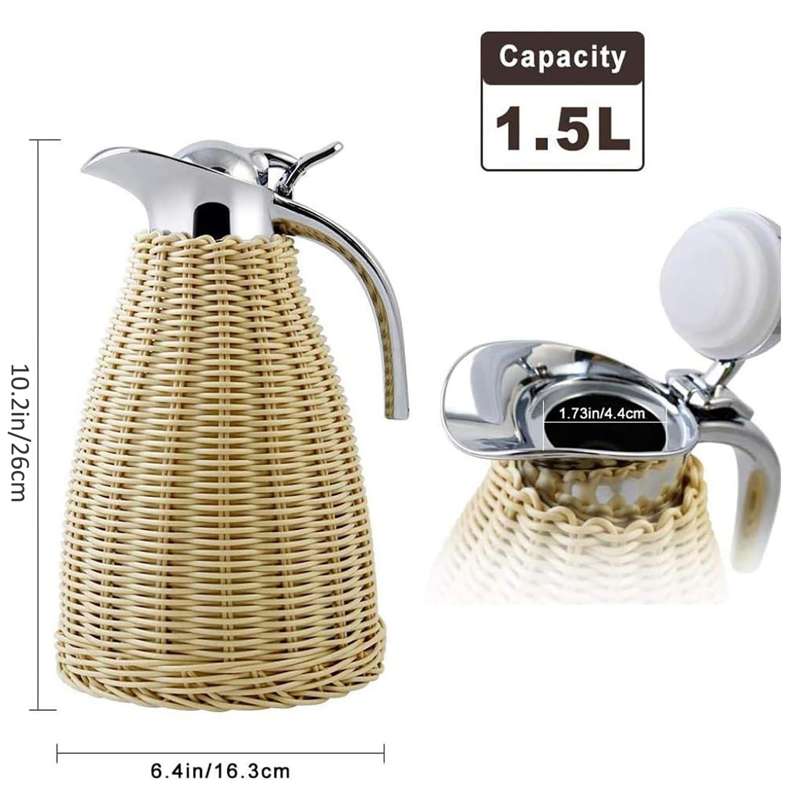 Carafe à café thermique en acier inoxydable, corps en rotin fait à la main, chaleur 12 heures et rétention au froid 24 heures, idéale pour le café, le thé, le lait et l'eau