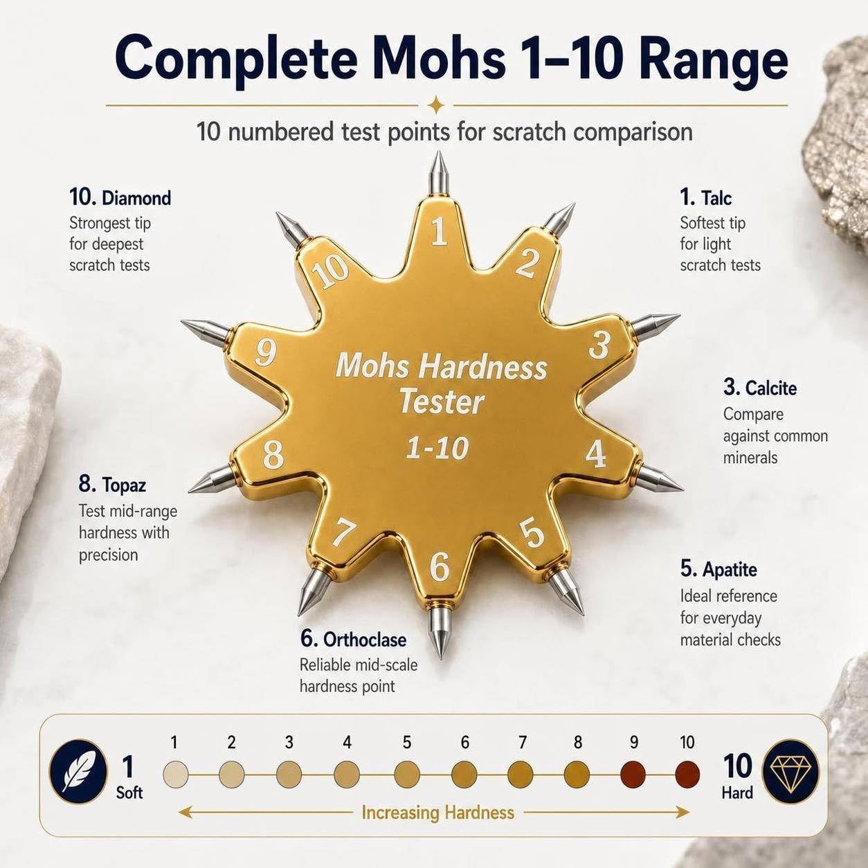 Mohs Hardness Test Kit, 1-10 Scratch Tester with Numbered Hardness Picks, Portable Mineral & Gemstone Testing Tool with 10-Point Star-Shaped Handle for Rock, Jewelry and Specimen Identification