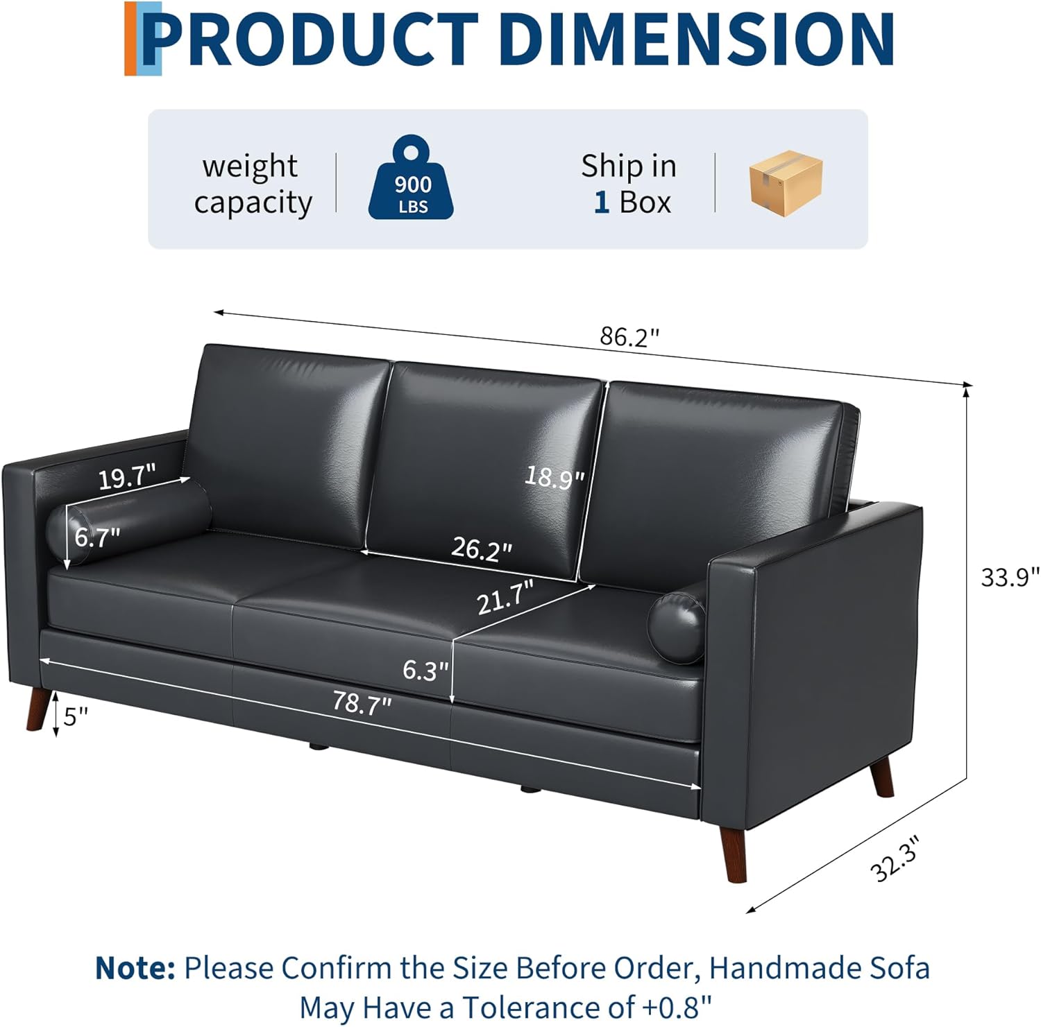 IDEALHOUSE 86" Mid Century Modern Faux Leather Sofa, Deep Seat 3 Seater Couch with Upholstered Cushions & Removable Covers, Modern Living Room Sofa for Apartment, Office, Black