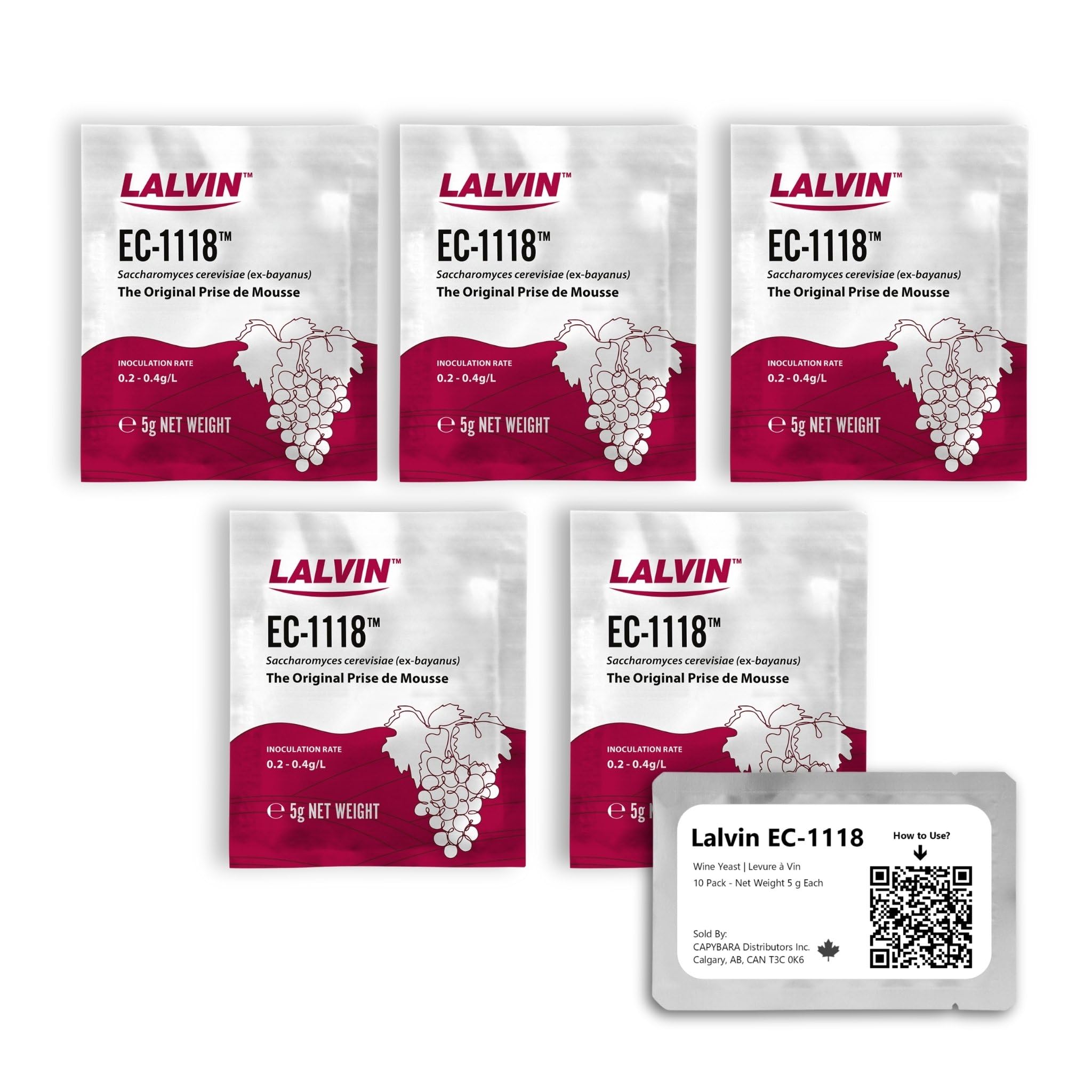 Lalvin EC-1118 Wine Yeast (5 Pack) - Champagne Yeast - Make Wine Cider Mead Kombucha At Home - 5 g Sachets - Saccharomyces cerevisiae - Sold by CAPYBARA Distributors Inc.