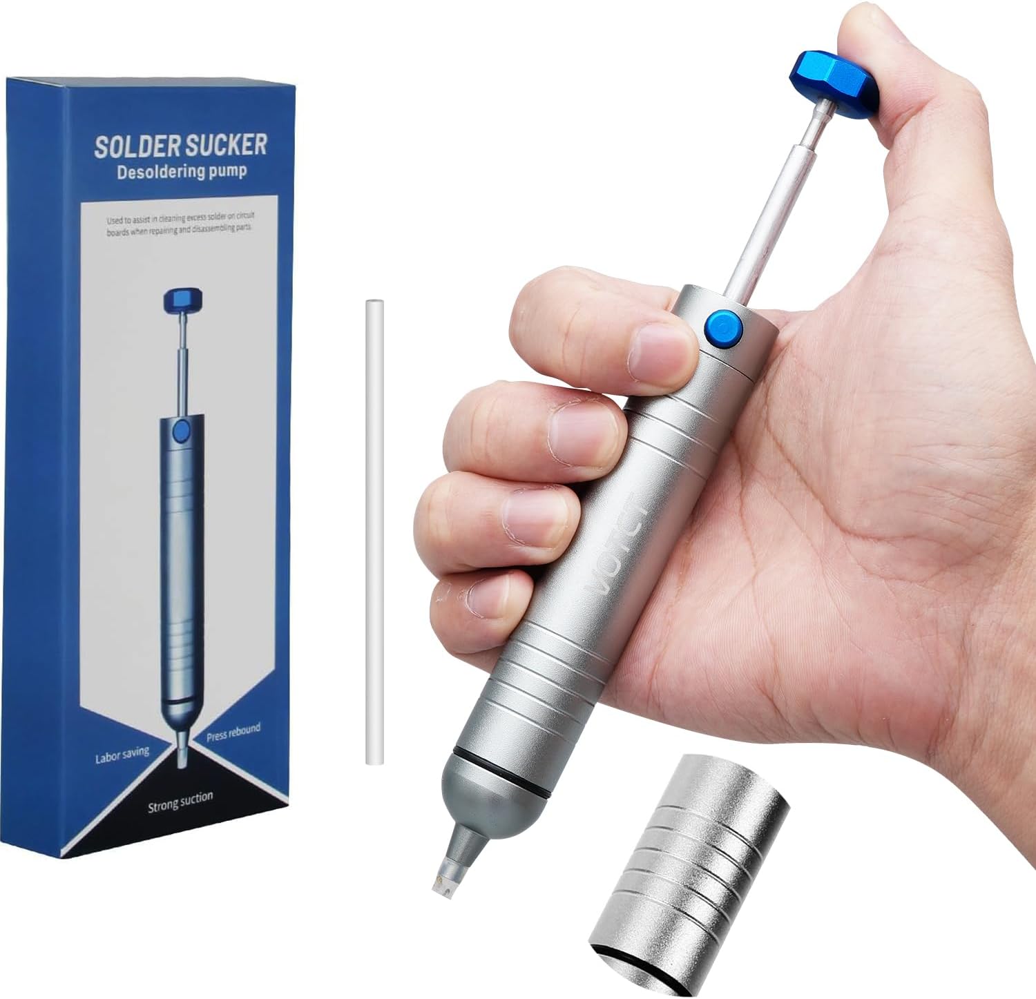 Solder Sucker No Clog Desoldering Pump for Solder Removing with Replaceable Heat Resistan Silicone Sucking Nozzle, Desoldering Tool Sodering Pump Strong Vacuum Aluminum Suction Remover