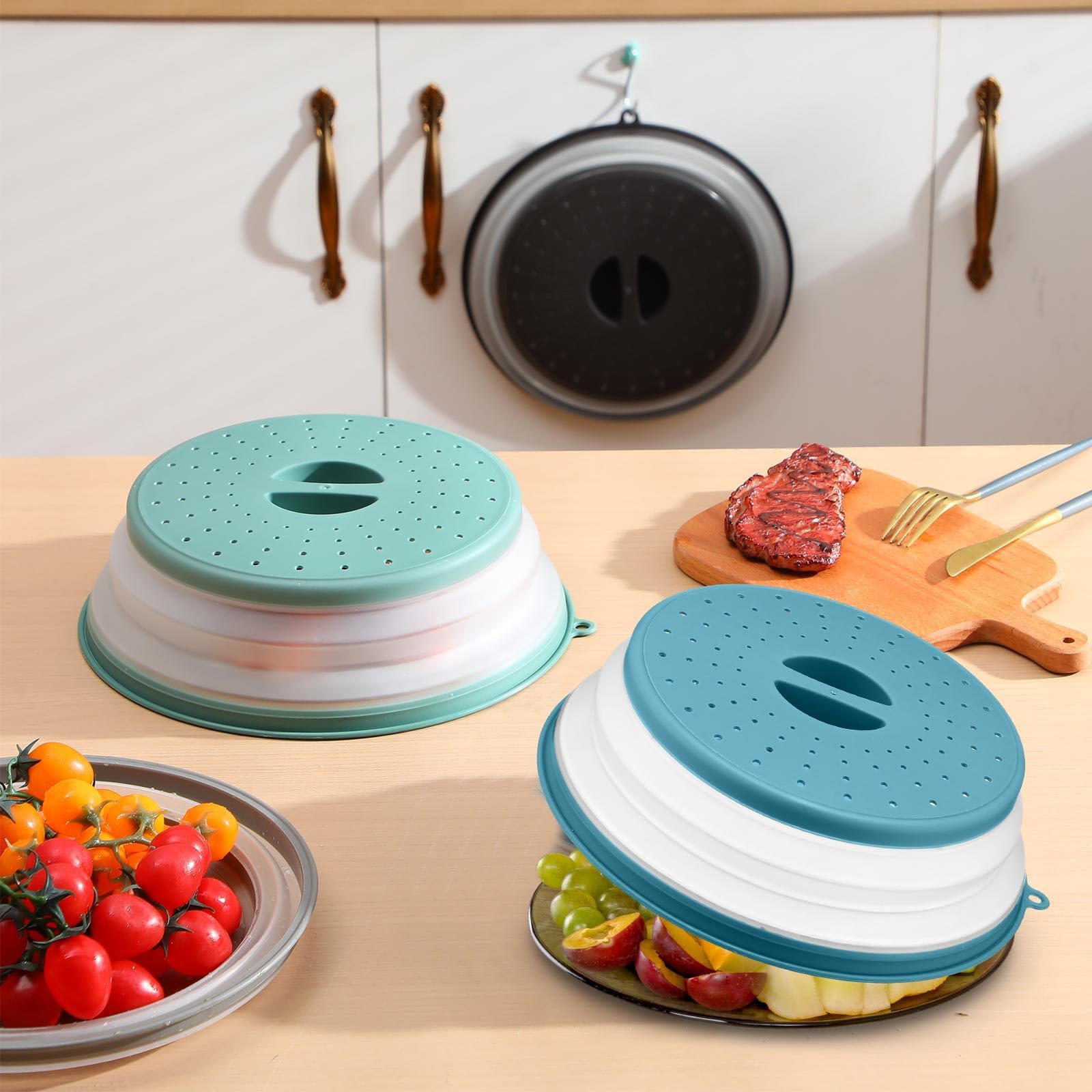 Magnetronafdekking, 2 stuks, opvouwbare afdekhoes voor magnetron, magnetrondeksel met haak, 26,5 cm, voor magnetron, voorkomt spatten van groenten en fruit, filtermand, fruitfiltermand