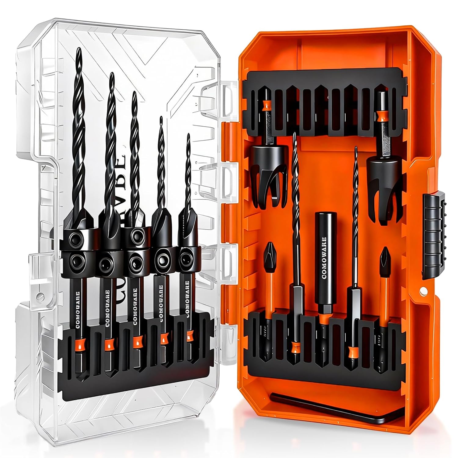 COMOWARE Countersink Drill Bit Set, 15 PCS M2 HSS Tapered Drill Bits with 2 Wood Plug Cutters, Counter-Sink Drill Bit with 1/4" Hex Shank 82° Countersink Drill Bit with Storage Case for Woodworking