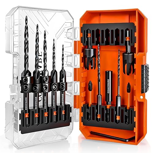 COMOWARE Juego de brocas avellanadas, 15 brocas cónicas M2 HSS con 2 cortadores de enchufe de madera, broca avellanadora con vástago hexagonal de