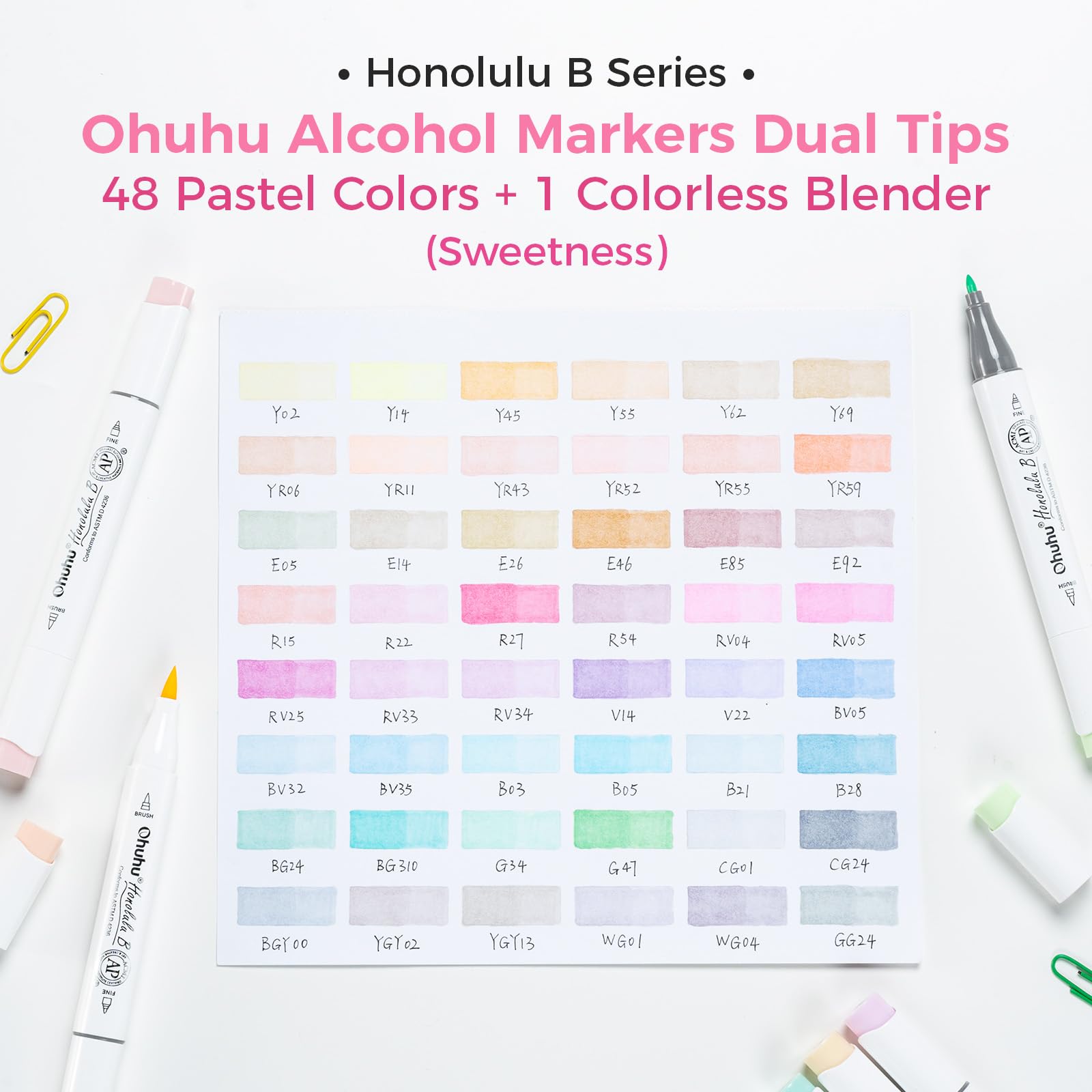 Ohuhu Alkohol Marker 48 Pastellfarben: Honolulu Sweetness – AP-zertifiziert - Doppelspitziges Künstlermarker-Set(Alkoholbasis) für Illustrationen & Ausmalen – Pinsel & Feinspitze – Nachfüllbar