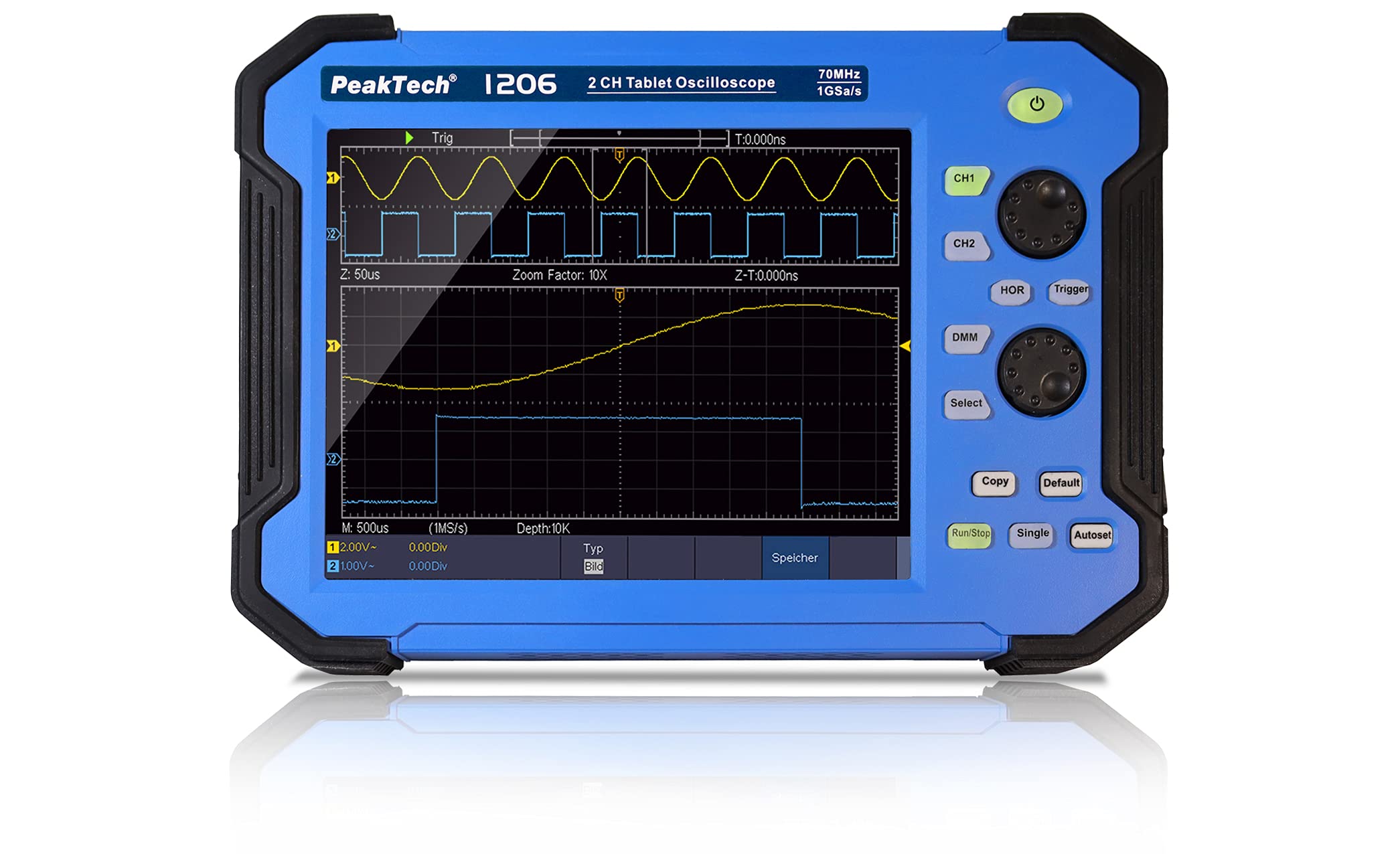 PeakTech P 1206 – Tragbares 2-Kanal Oszilloskop, Tablet oscilloscope, 8" Touchscreen, Elektronisches Messgerät, Multimeter, Digitales 70 MHz Akku Oszilloskop, max. Abtastrate 1 GS/s, 400V - CAT II