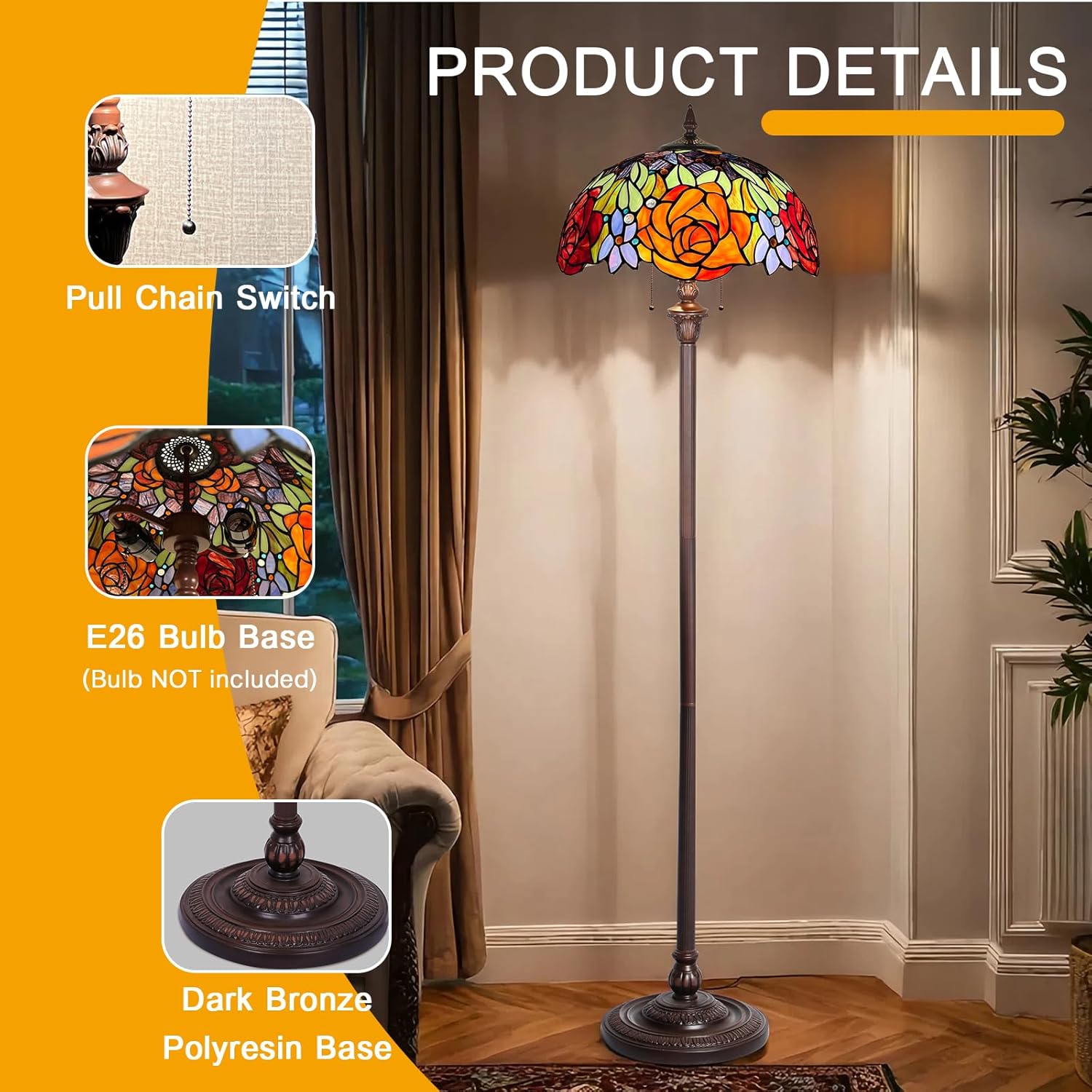 Capulina Tiffany Lamp Stained Glass Floor Lamp 2-Light 16 Inches Wide Yellow Red Rose Tiffany Style Standing Reading Floor Lamp for Living Room Bedroom Home Office