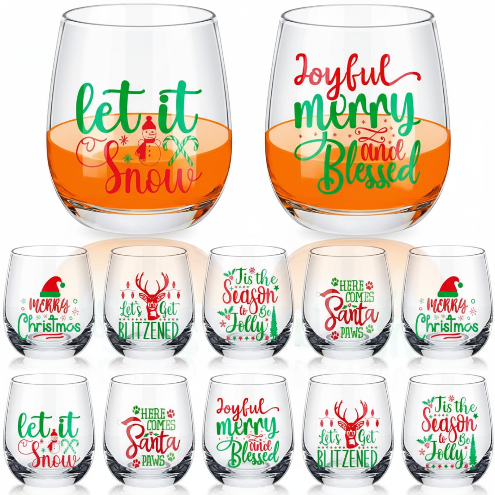 Amazon.com | Zhehao 12 Pcs Christmas Drinking Glasses 12oz, Santa Drinking  Glass Set with Let It Snow, Merry Christmas & Holiday Quote Designs,  Stemless Xmas Wine Cups for Festive Parties and Gift