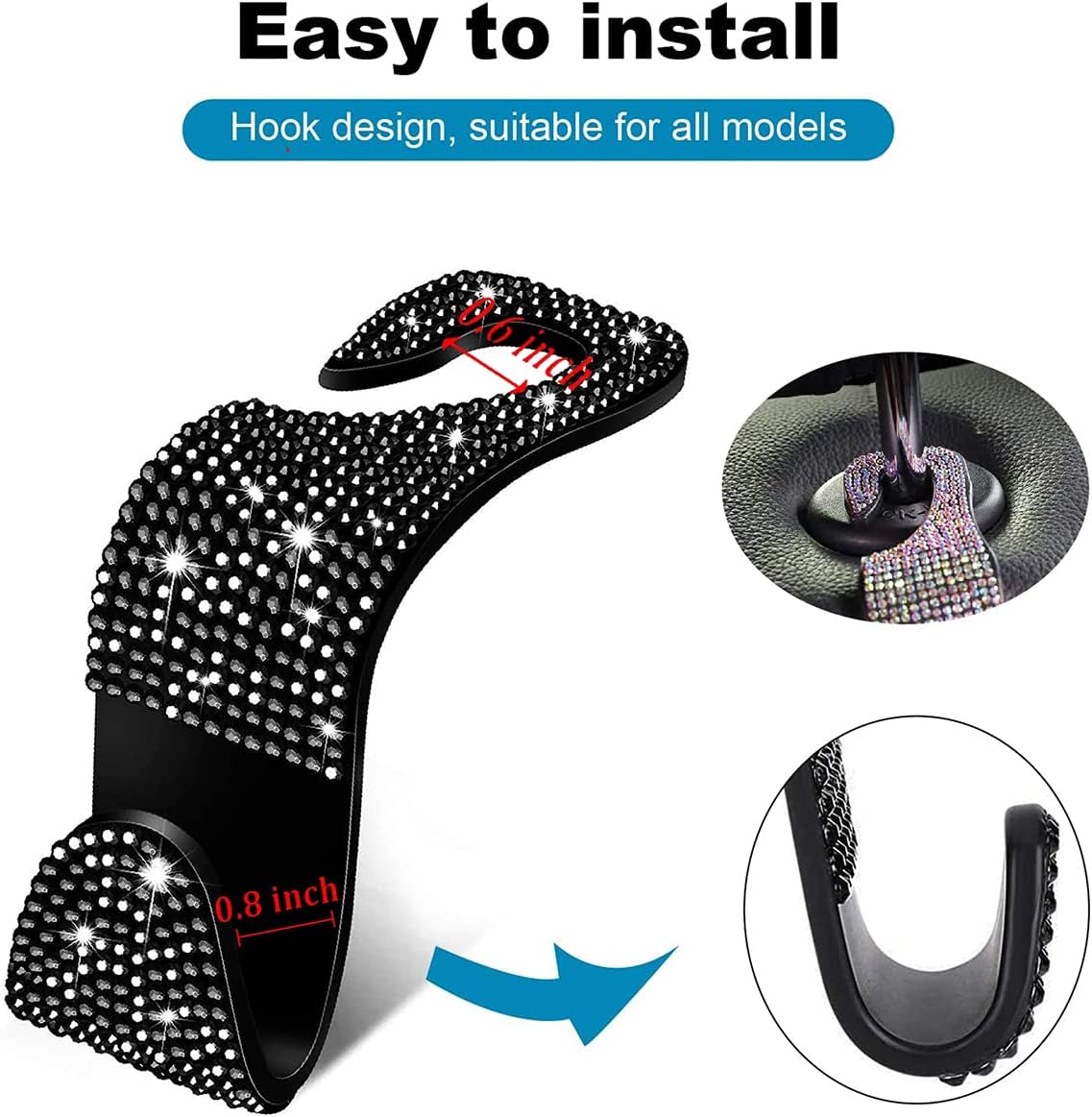 Yleternal Bling Car Back Seat Headrest Hooks,2 Pack Purse Hook for Car, Back Seat Organizers Accessory and Storage for Coats Umbrellas Hang Purse or Grocery Bags (Black)