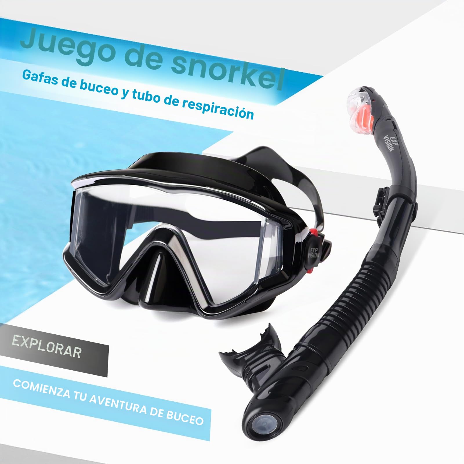 Conjunto de Tubo Seco, Máscara de Buceo Pano de 3 Ventanas, Gafas de Buceo y Tubo Antiempañamiento, Equipo Profesional de Máscara de Buceo con Tubo para Adultos (A-Negro)