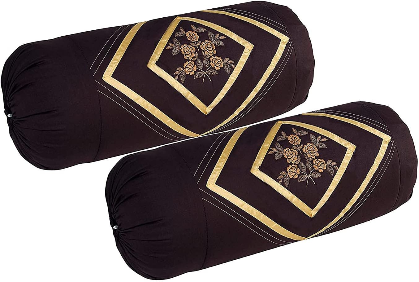 Flower Cotton Embroidery Bolsters Covers Set of 2 Piece (Coffee)