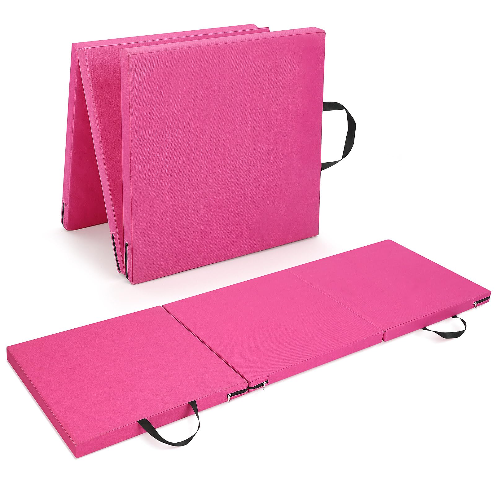 Trintion Tri-Fold 1.5" Thick Folding Gymnastics Exercise Mat Non Slip Soft Foam Yoga Mat with Carry Strap Handles for Tumbling Camping Pilates Home Training Floor Workout Aerobics 180x60x4CM (Pink)