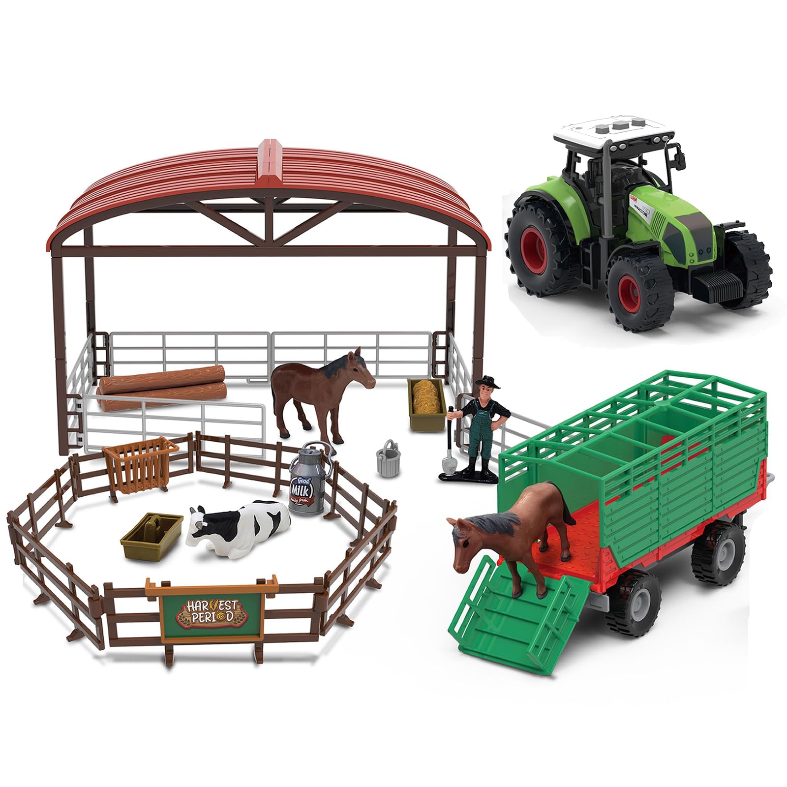 Scala 1:36 Veicolo agricolo inerziale (37 pezzi), stalle, set di combinazione di animali, giocattolo per bambini, trattore, fattoria, 3 effetti sonori simulati, luci