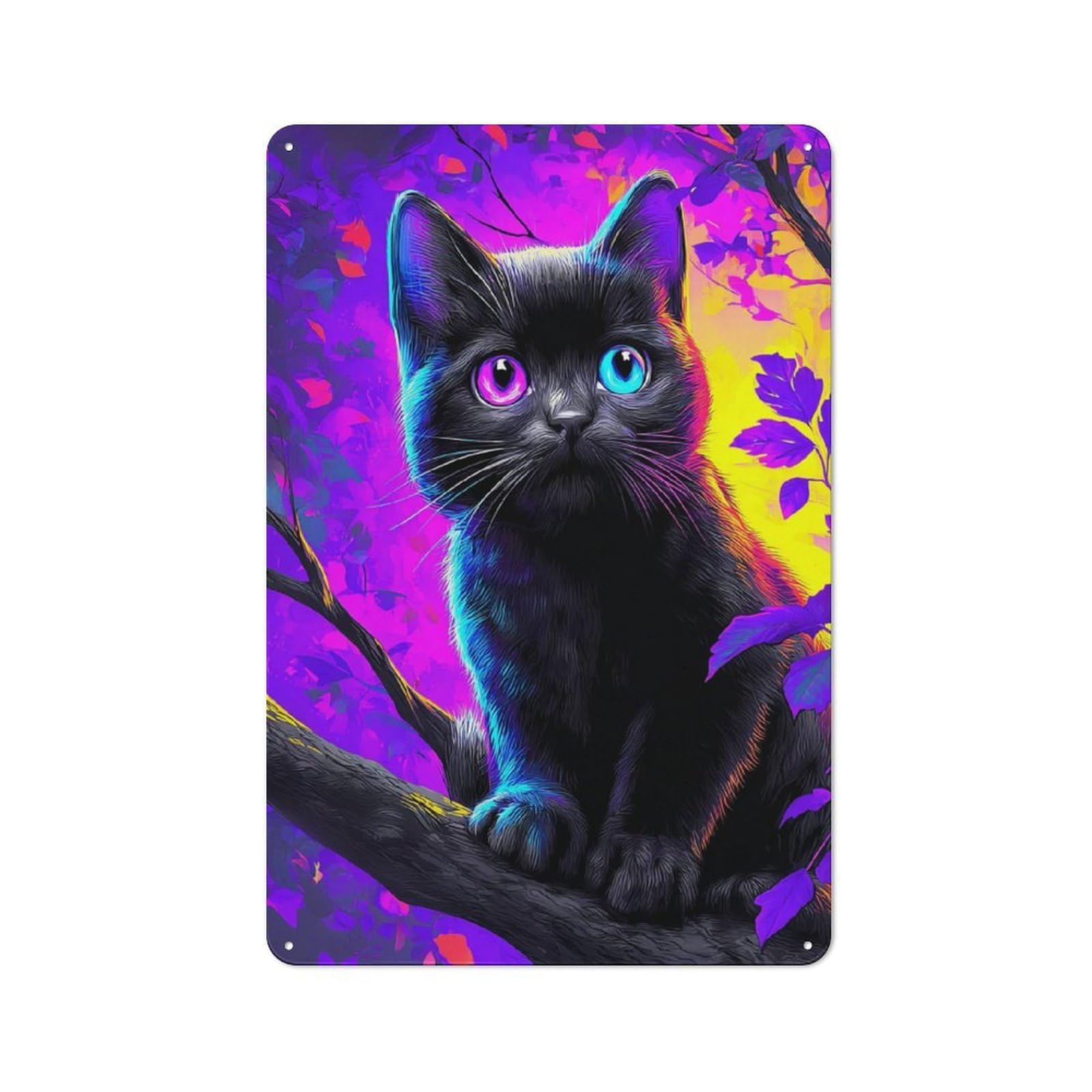 Junmoney Neon Cat In Vibrant Forest -3 Tin Wall Plaque 30X20cm With For Hobby Room Or Studio, New Home Wall Decor For Creative Interior Collectors