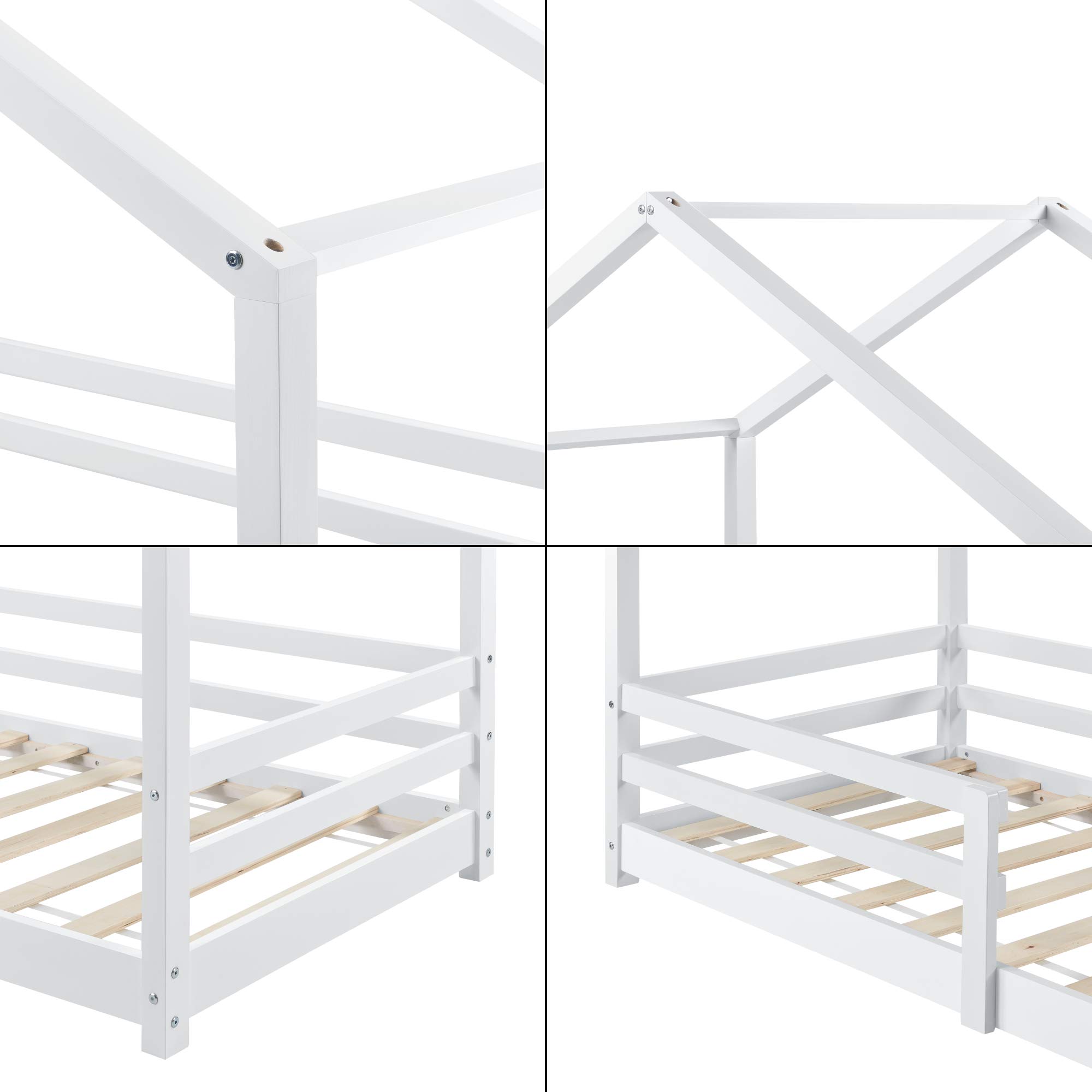 [en.casa] Cama para Niños Knätten Decorativa Cama Infantil con Somier y Reja de Seguridad Estructura en Forma de Casa Estilo Montessori Madera de Pino 70 x 140 cm - Blanco Lacado