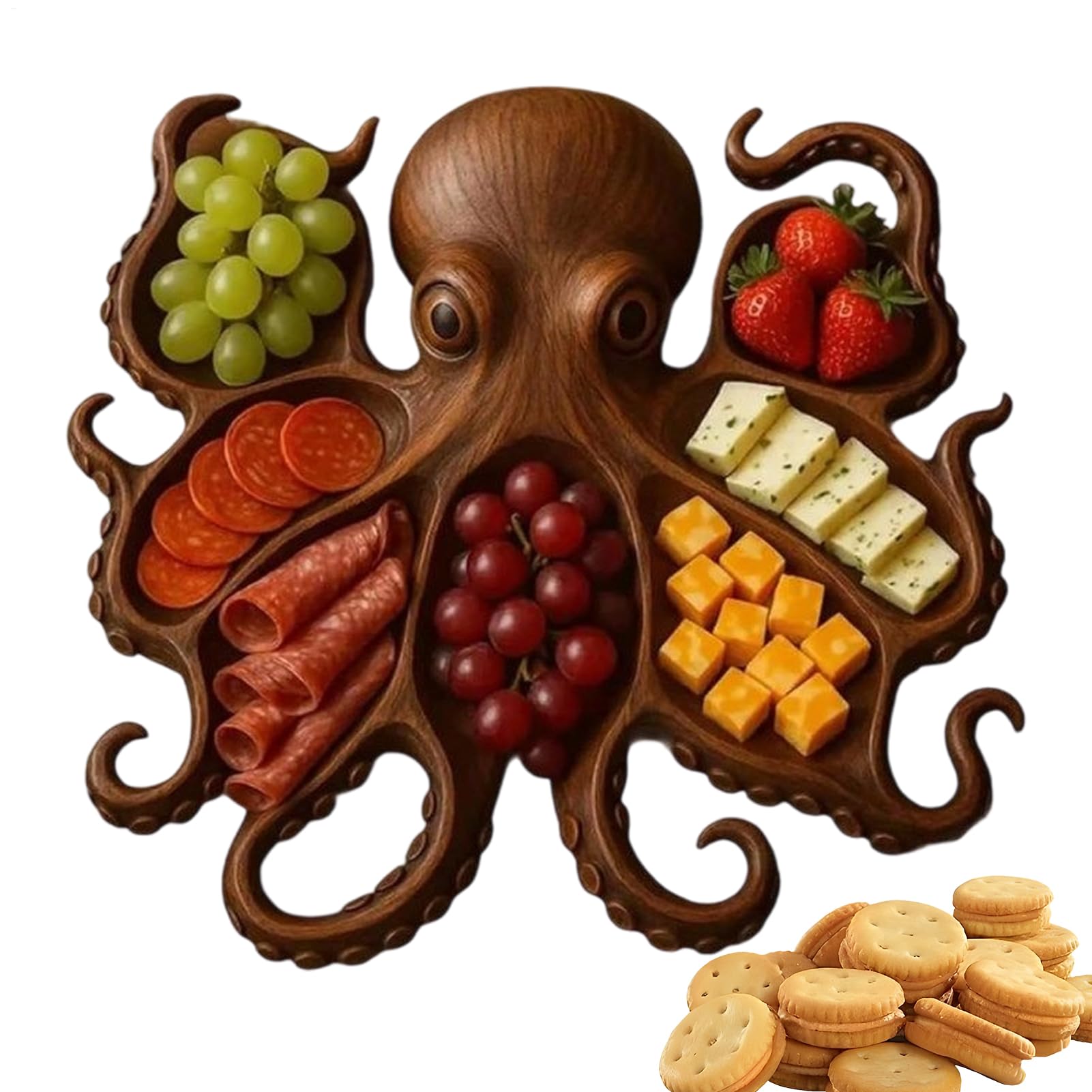 Genérico Bandeja de madera para servir - Diseño único de pulpo, bandeja para embutidos | Bandeja de cocina resistente para quesos, mariscos, picnics, cenas temáticas y entretenimiento al aire libre.