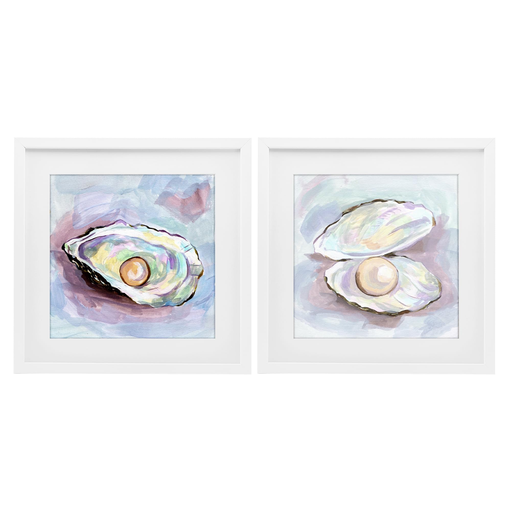 Stupell Industries Coastal White (Textured) Oyster Pearl Shell Nautical, 16 X 16 Inch Framed Print Under Glass Set
