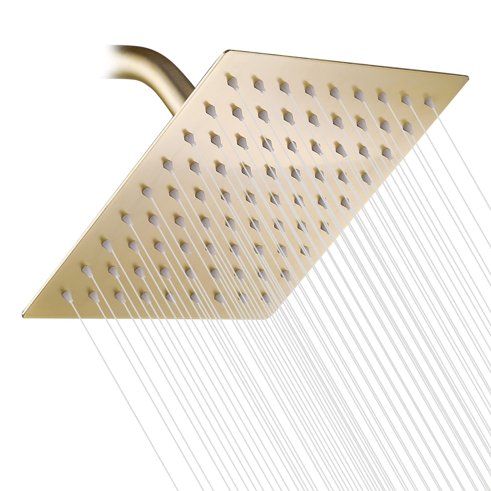 GGStudy Brushed Gold Shower Head 8 inch Square Rain Shower head Stainless Steel Shower head High Pressure Shower Head Ultra Thin Rainfall Bath Shower Self-cleaning Silicon Nozzle