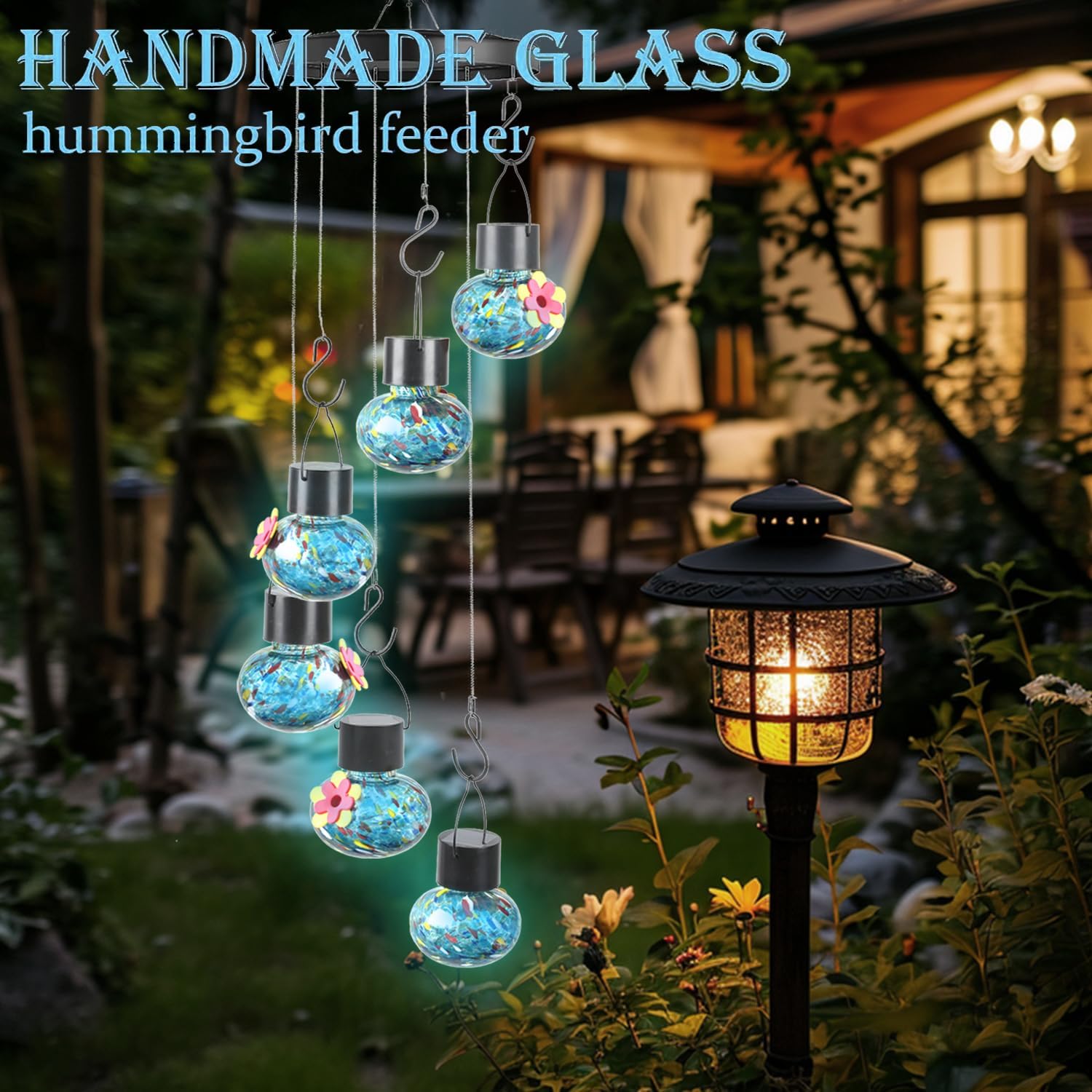Solar Wind Chimes Hummingbird Feeder for Outdooors, Blue Hand-Blown Glass Bird Feeders with Leak-Proof Design, Ant & Bee Resistant, Perfect Garden Patio Decor (Blue)