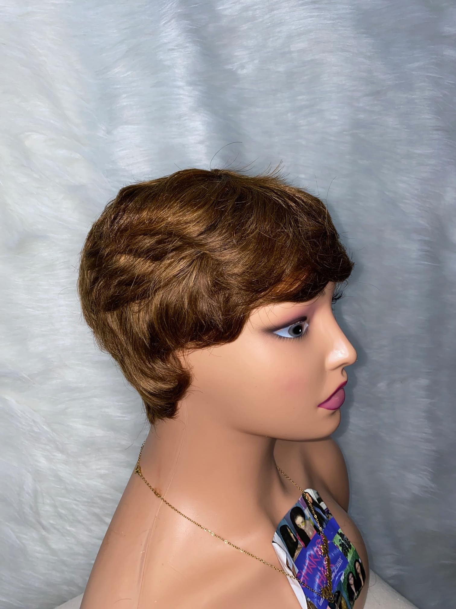 Human hair Pixie cut Wig 100% Brazilian human hair Skull Cap Glueless easy-to-wear wig (Brown&Blonde highlights(Piano)) - Image 4