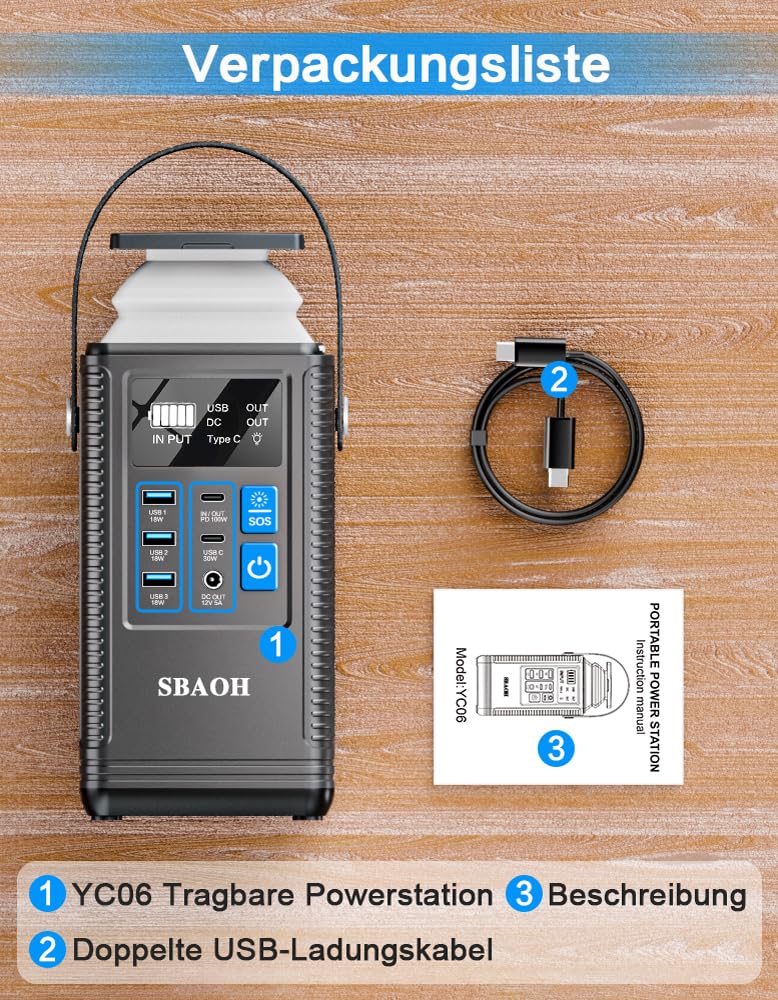 Powerbank Powerstation PD100W, SBAOH 296Wh Akku für mehrere Geräte,Solargenerator für Camping, Draußen, Reisen, Notfälle (Netzteil Nicht im Lieferumfang)