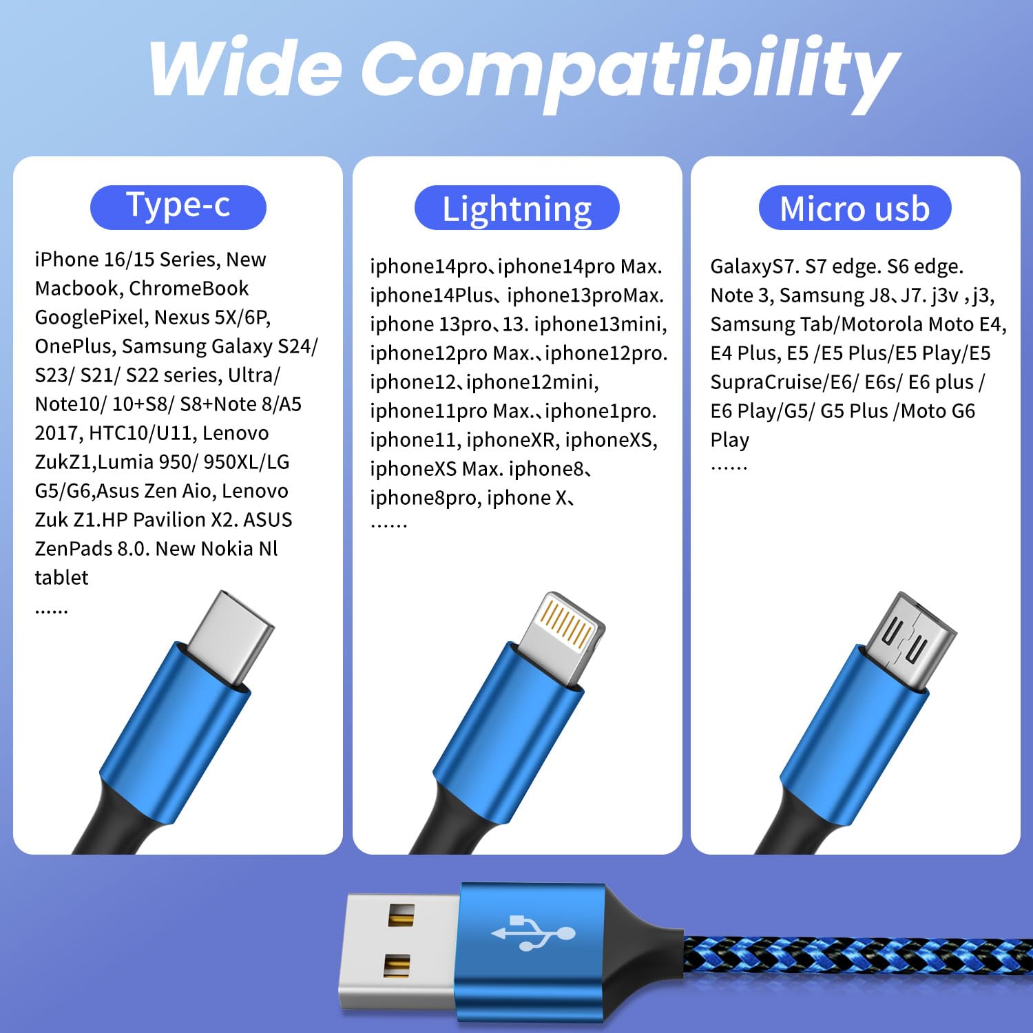 MPATIBY Kabel do ładowania Multi (3 szt. 4FT), kabel do ładowania 3 w 1 do wielu urządzeń, kabel ładowarki USB-A z portem USB typu C, micro USB i portem IP do iPhone'a 16/15/14/13/iPada/Androida