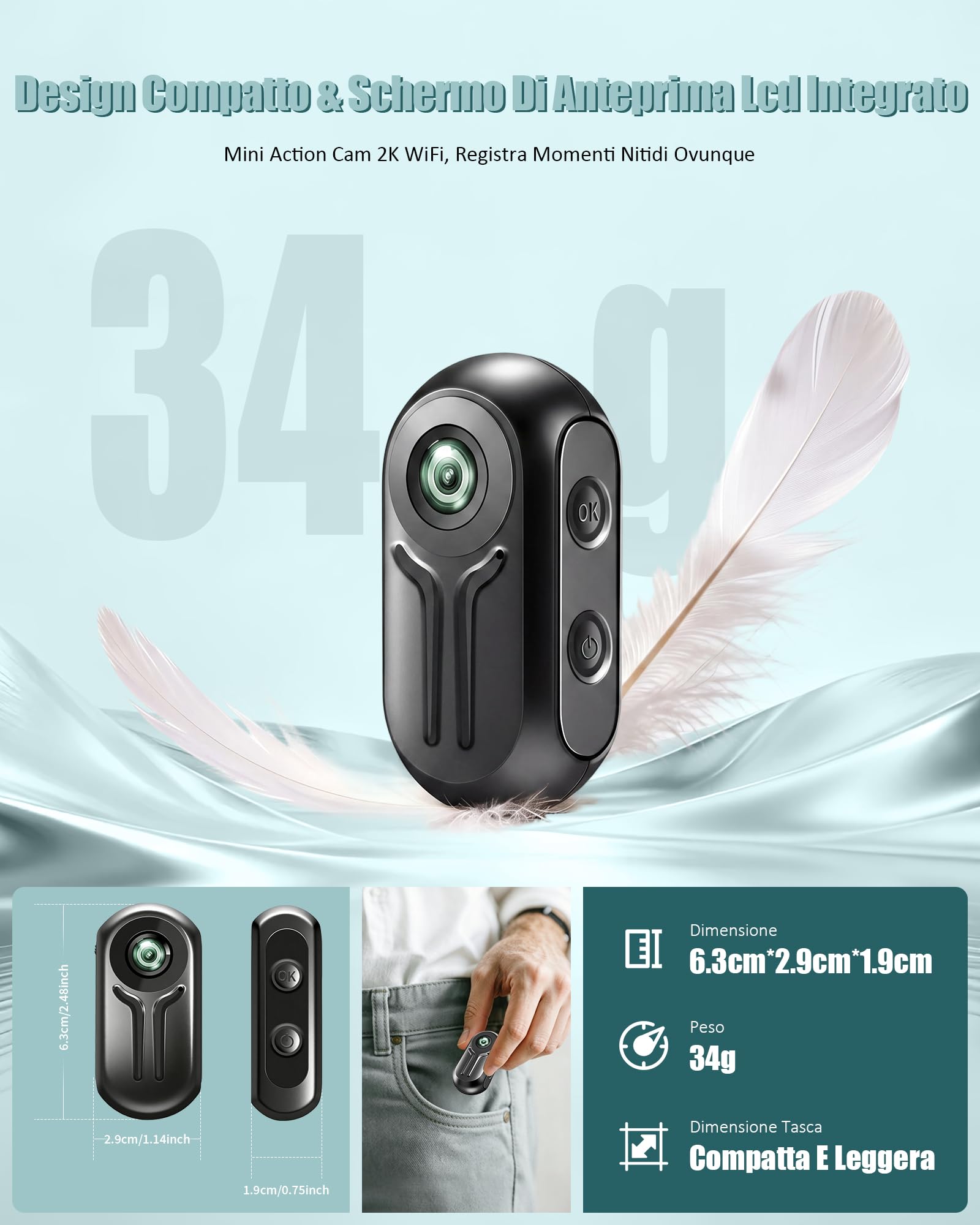 Action Cam 2K Ultra HD WiFi, Body Cam con Scheda da 32 GB, Telecamera Moto con Grandangolo da 120° e Accessori Multifunzione, Videocamera per Motocicletta, Ciclismo e Vlogging