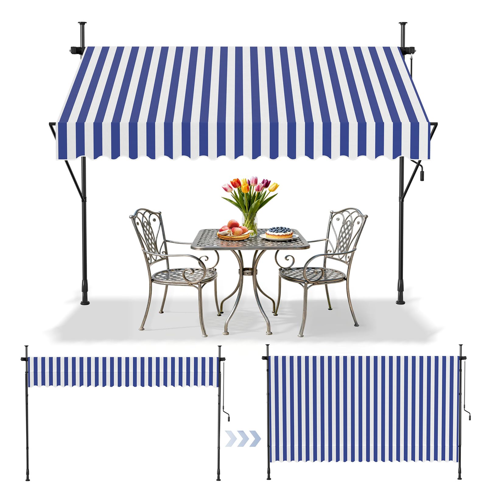 SAILUN Manual Adjustable Awning DIY Patio Clamp Awning Telescopic Canopy with Hand Crank Retractable Shade Shelter For Balcony Garden Patio (250x120cm, Blue Stripe)