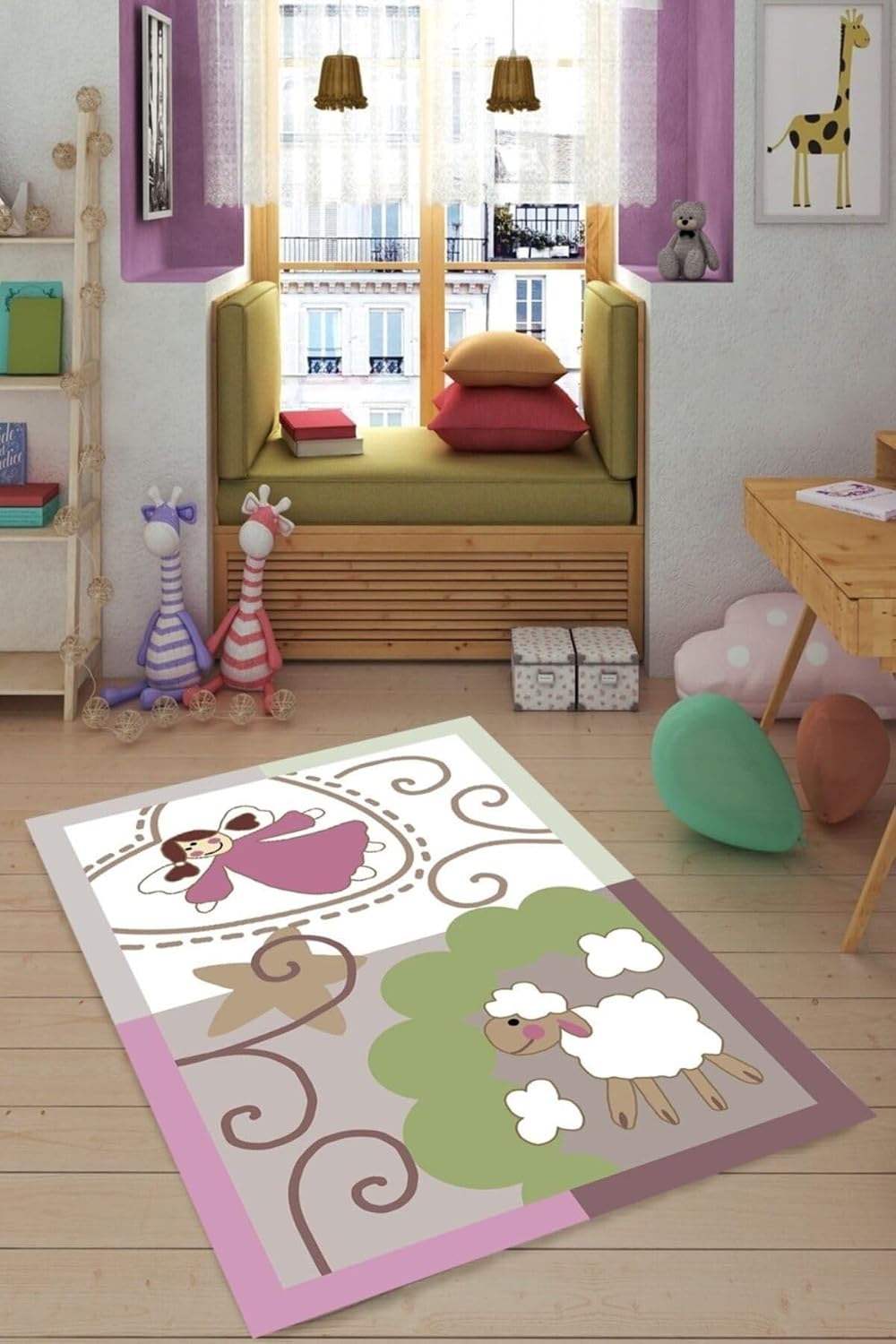 Pelangi Kuzu ve Melek Desenli Renkli Dijital Baskı Yıkanabilir Kaymaz Taban Çocuk Odası Halısı, Pembe 160 x 230